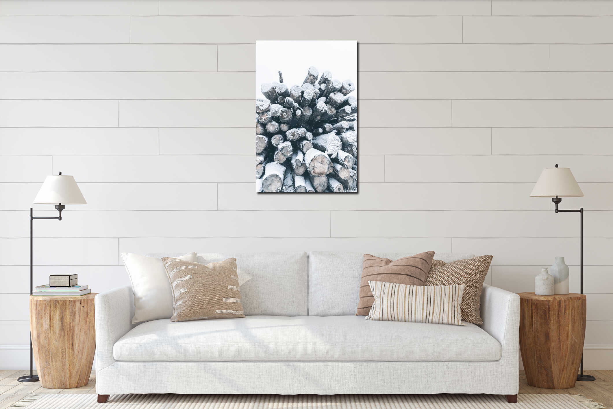 Big stack of snow covered pine logs. Vertical layout interior mockup