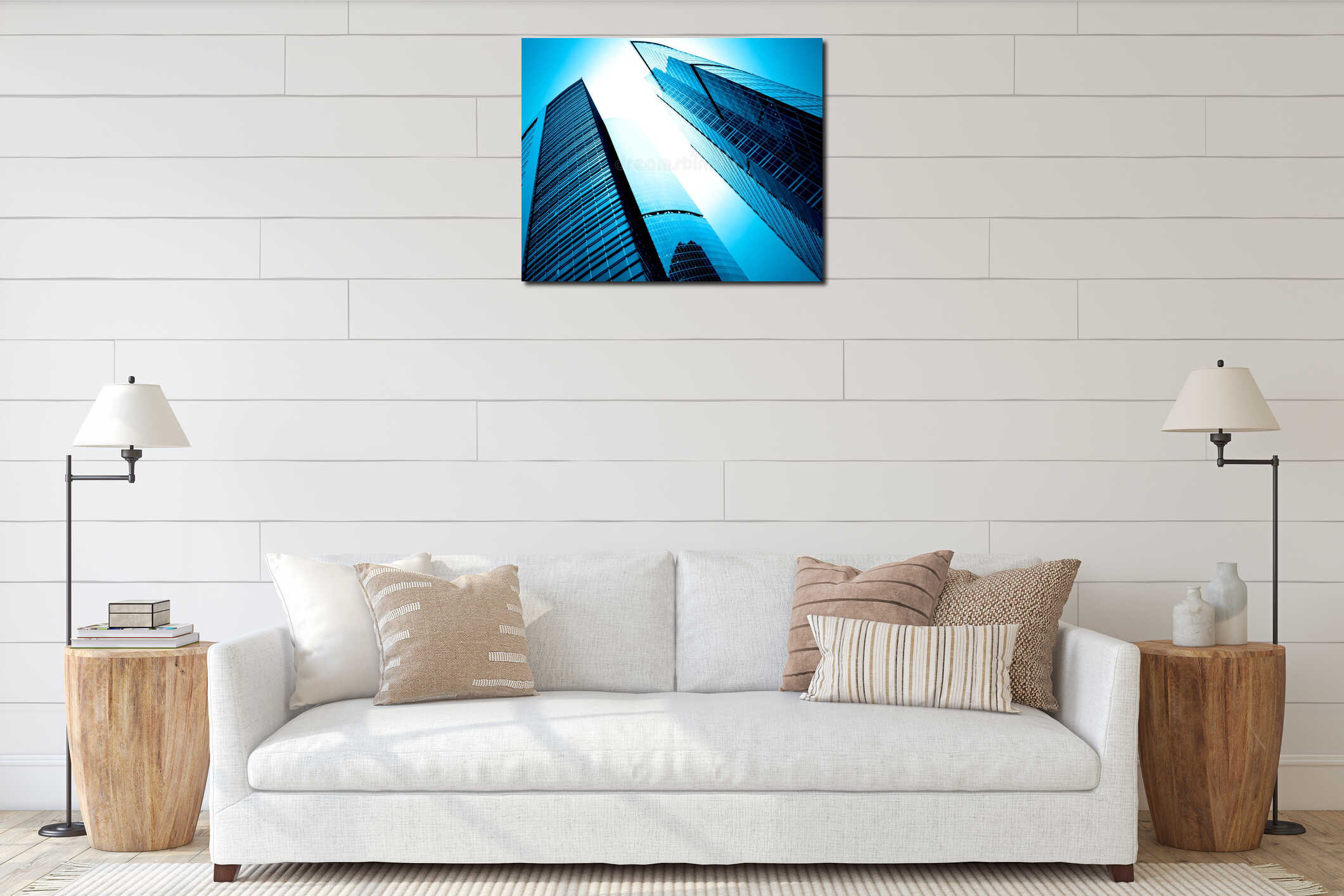 Modern glass silhouettes of skyscrapers interior mockup