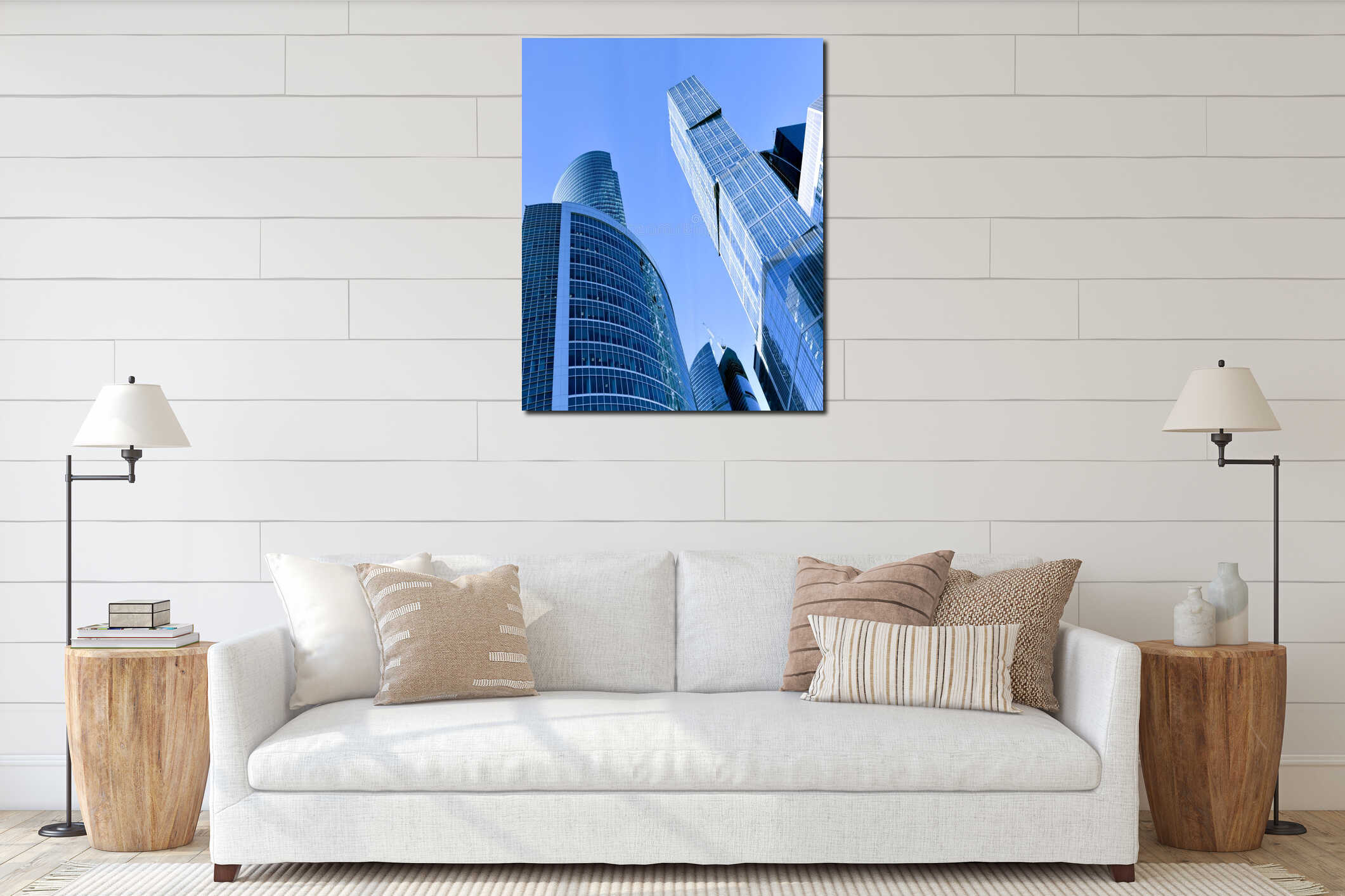 Modern glass silhouettes of skyscrapers interior mockup