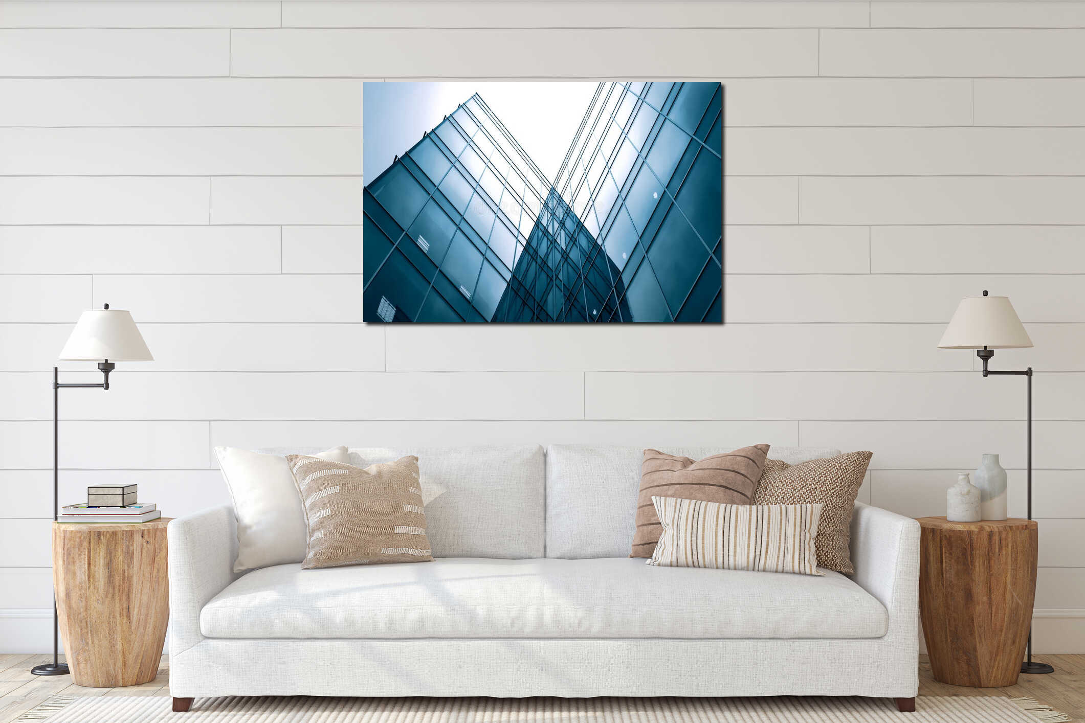 Modern glass silhouettes of skyscrapers interior mockup
