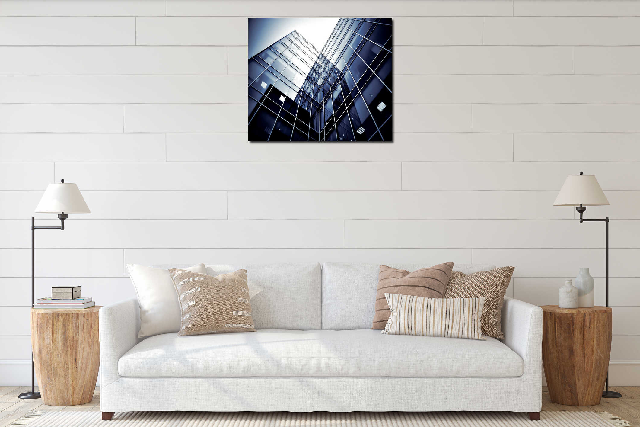 Modern glass silhouettes of skyscrapers interior mockup