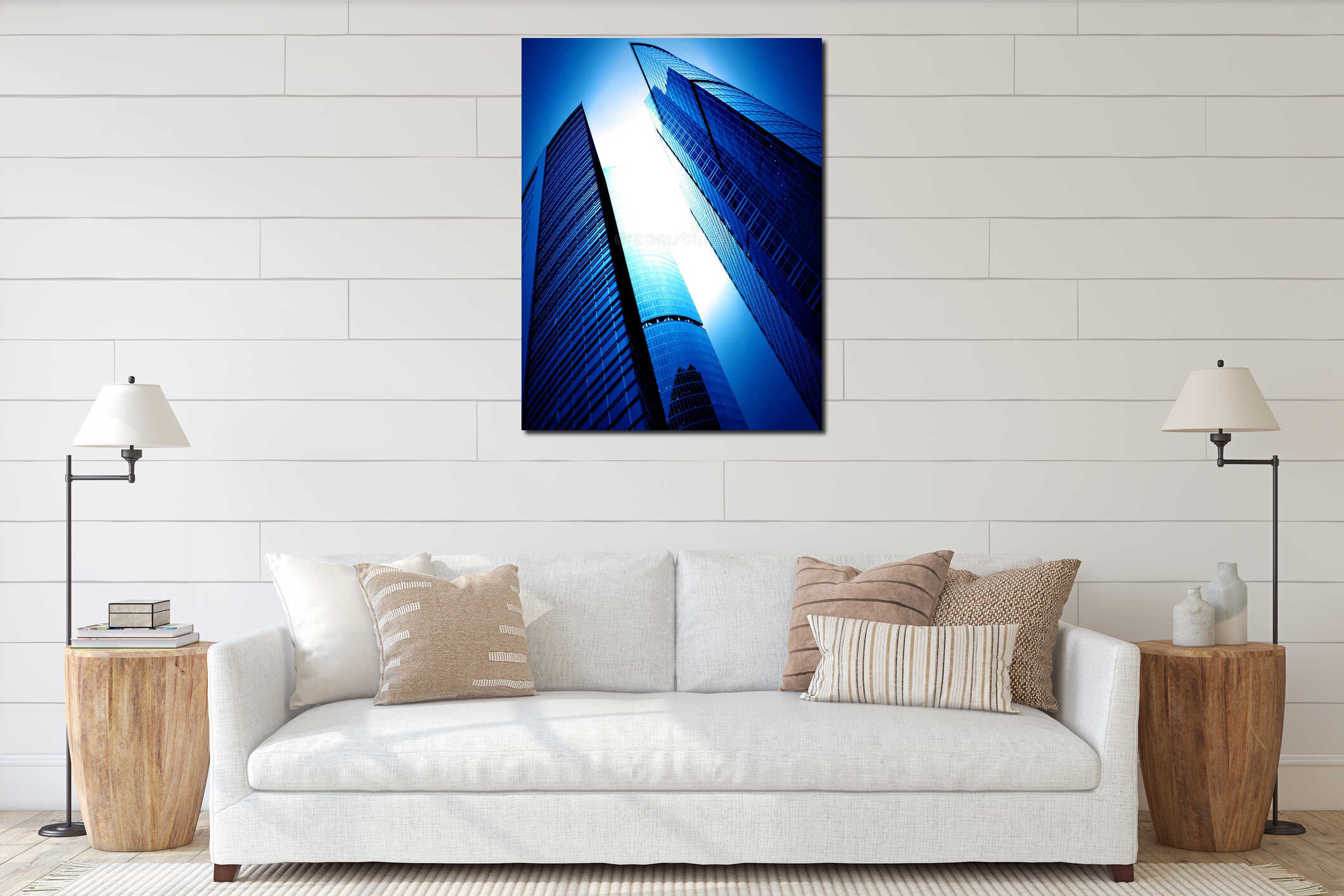Modern glass silhouettes of skyscrapers interior mockup