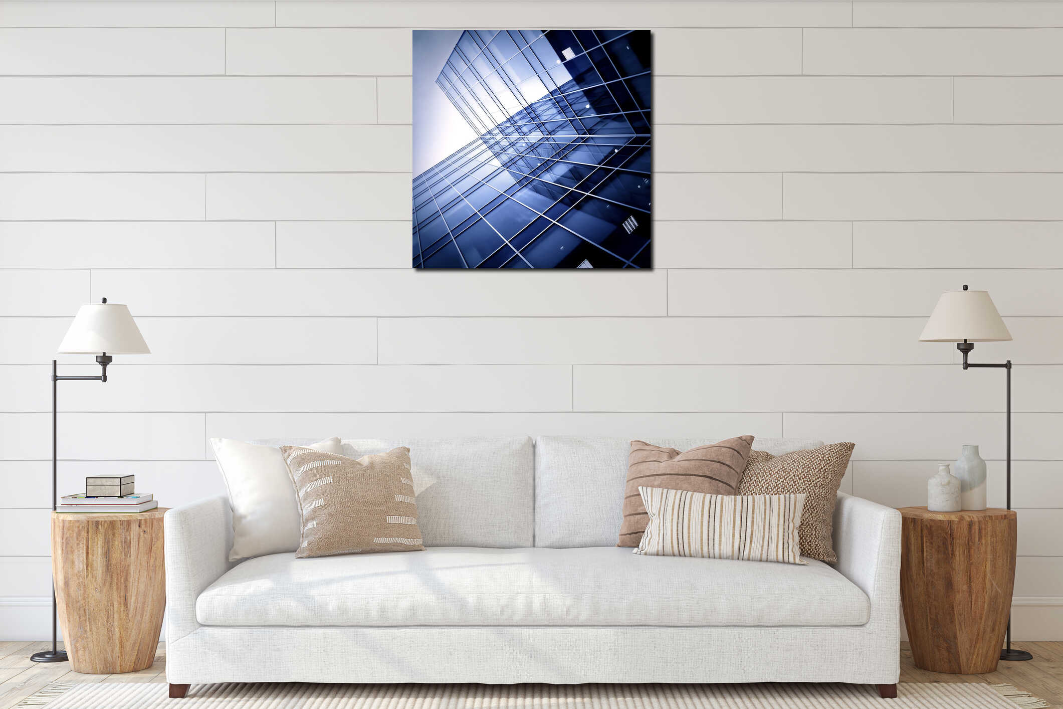 Modern glass silhouettes of skyscrapers interior mockup