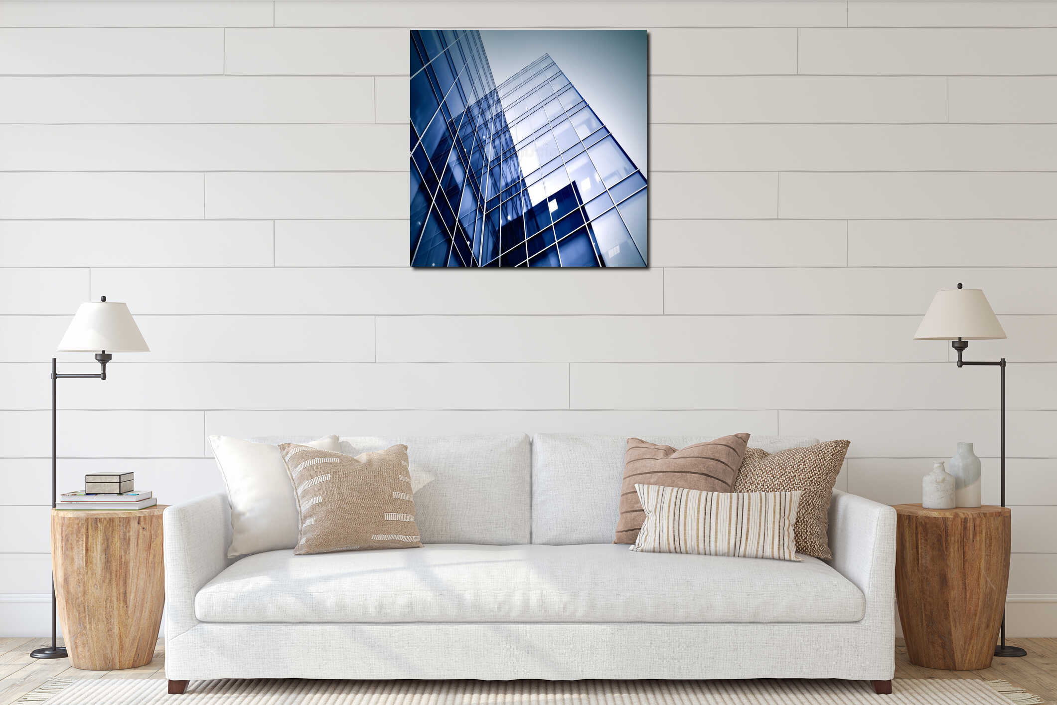 Modern glass silhouettes of skyscrapers interior mockup