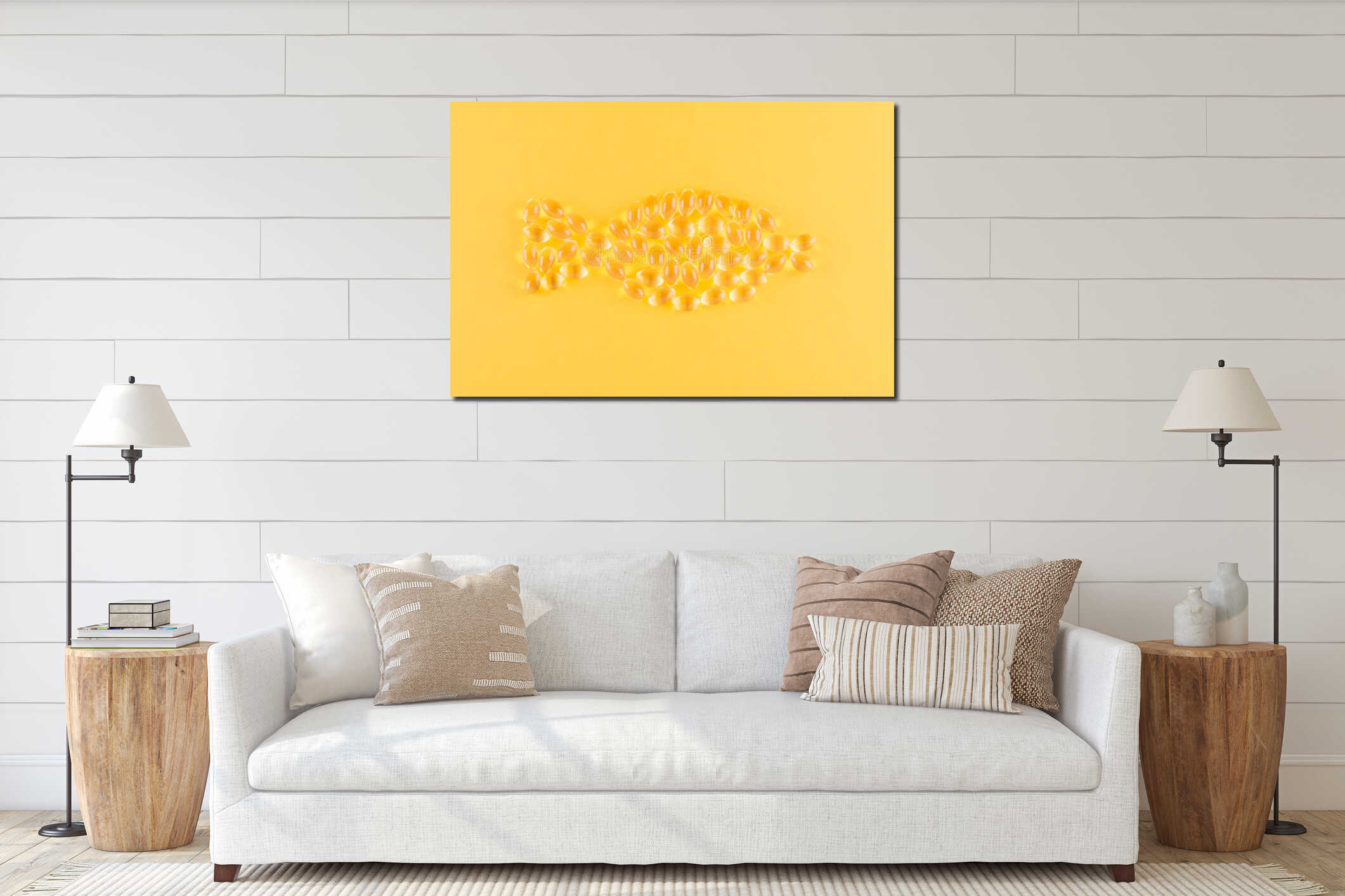 Golden omega capsules like fish on yellow background, flat lay interior mockup