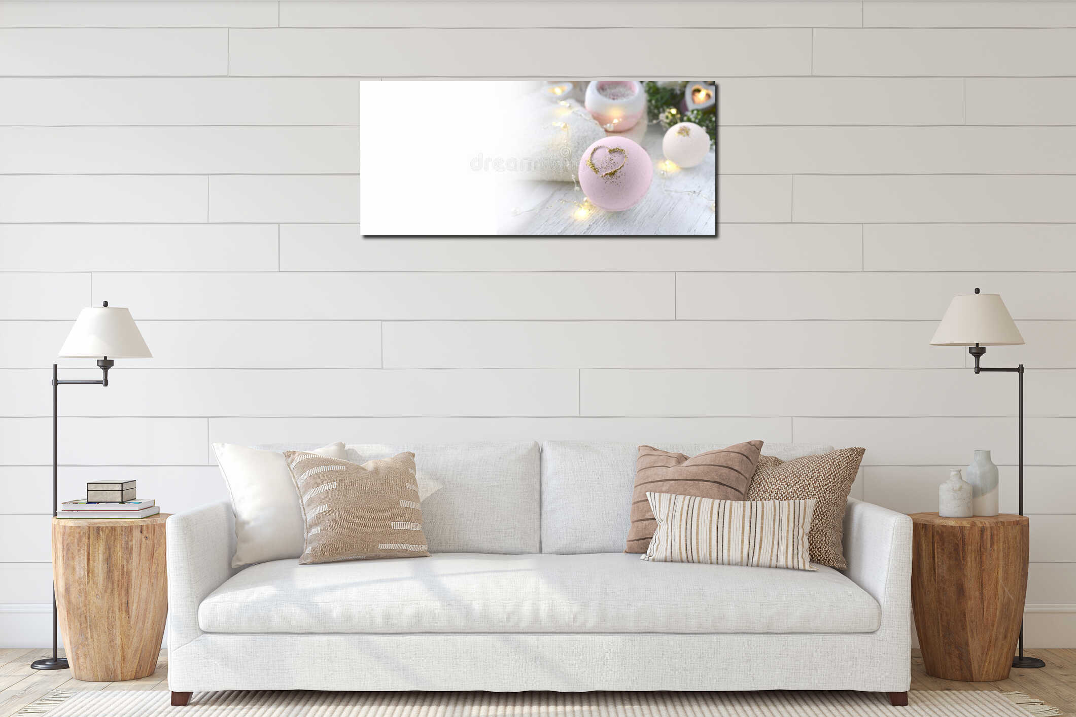 Mock up romantic spa composition. Pink bath bombs on lights background interior mockup