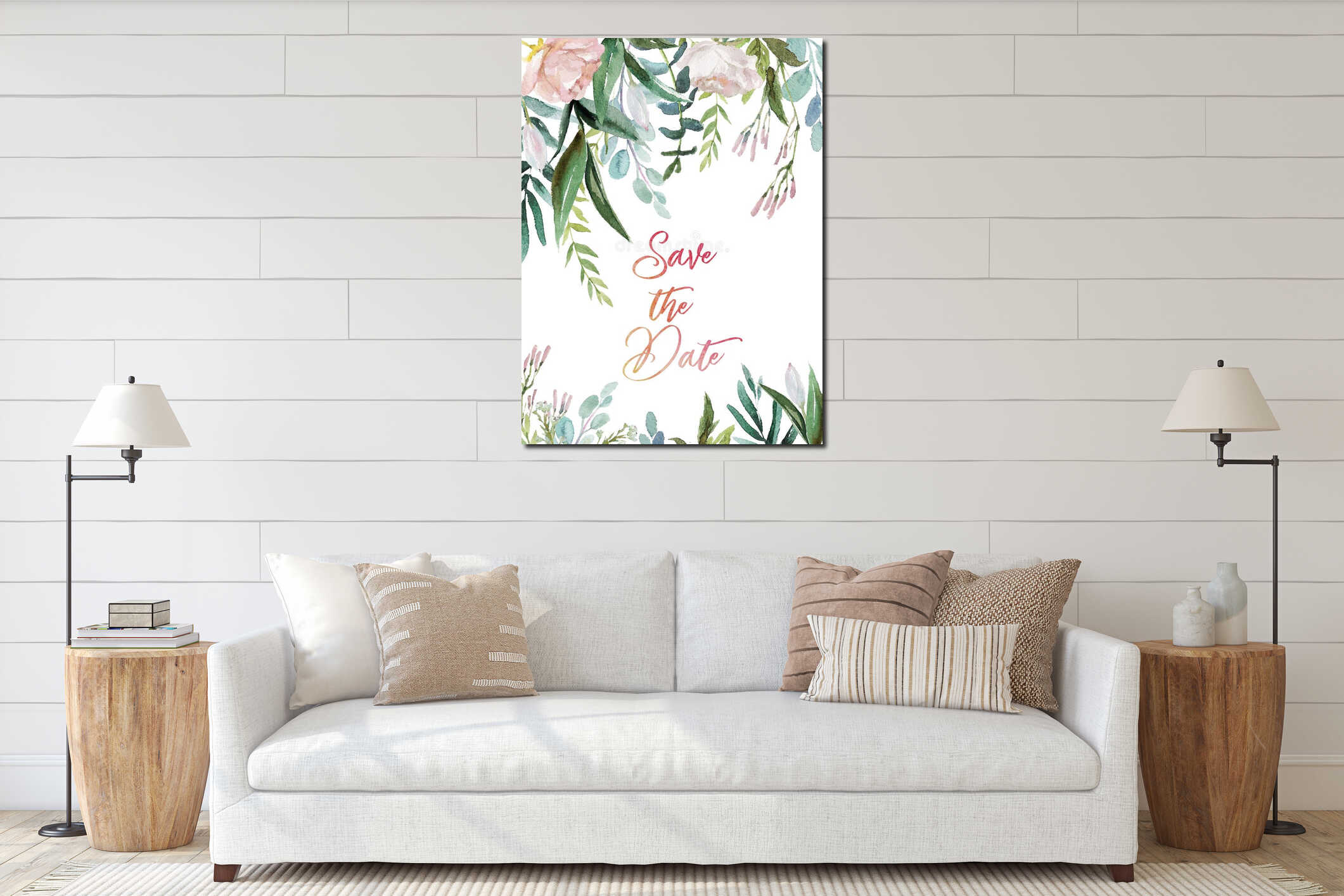 Watercolor floral illustration - frame / border with bright blush, red, white, pink, vivid flowers, green leaves interior mockup