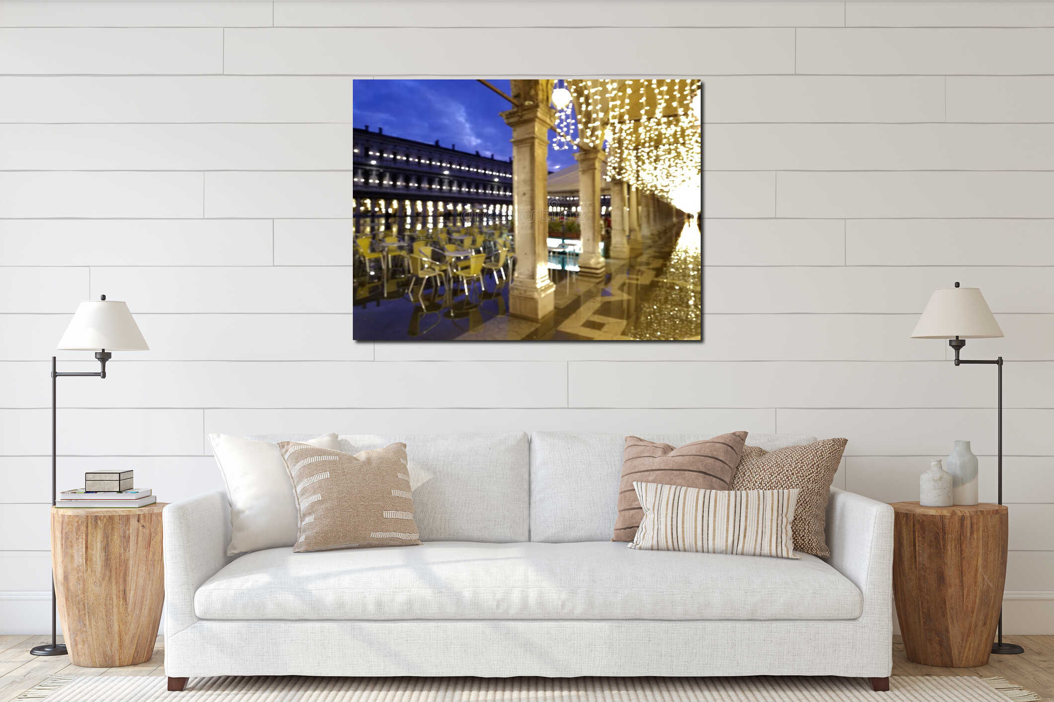 Bokeh nighttime view of the San Marco Plaza in Venice, Italy interior mockup