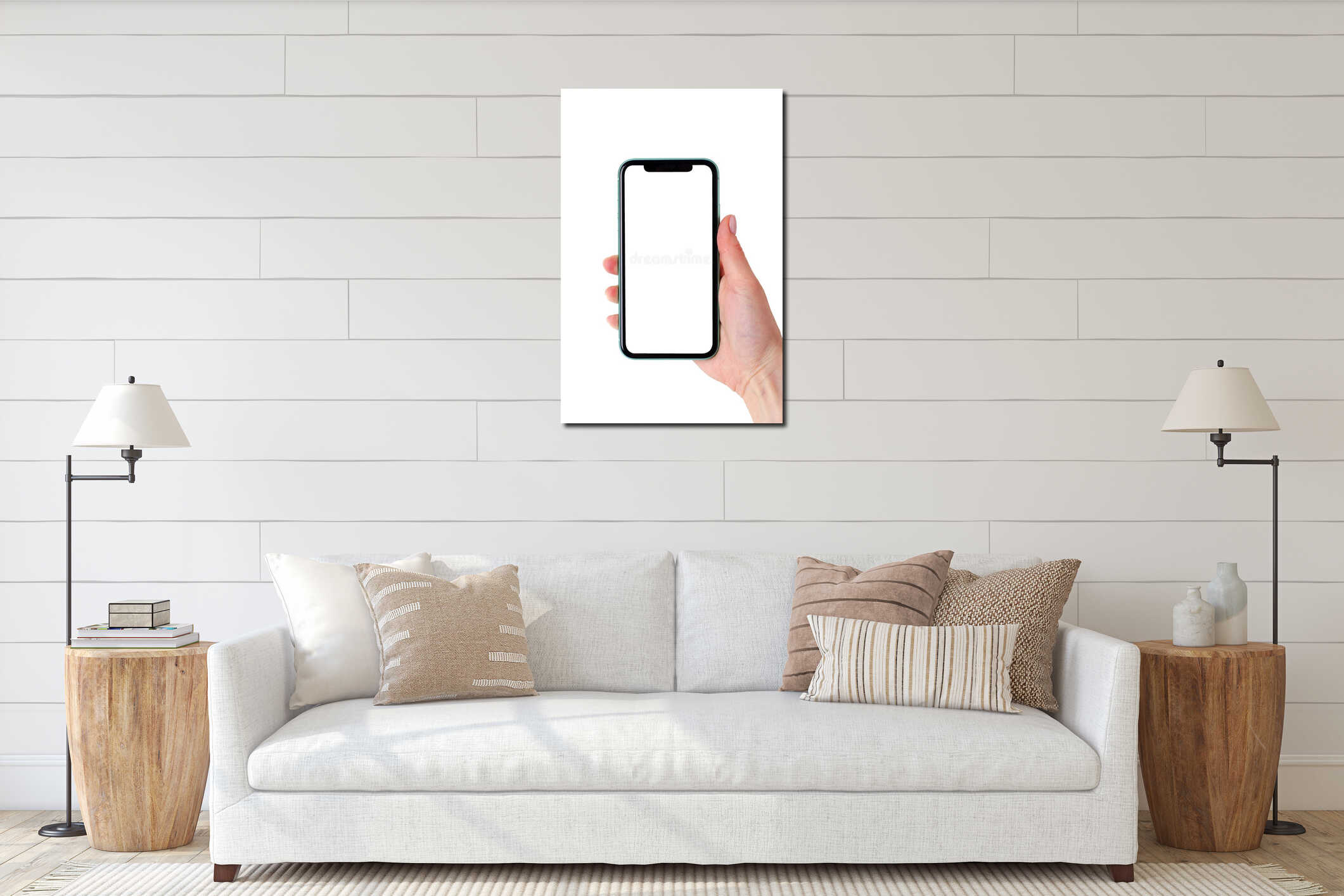 Green Apple iPhone 11 mock up in a female hand isolated on a white background interior mockup