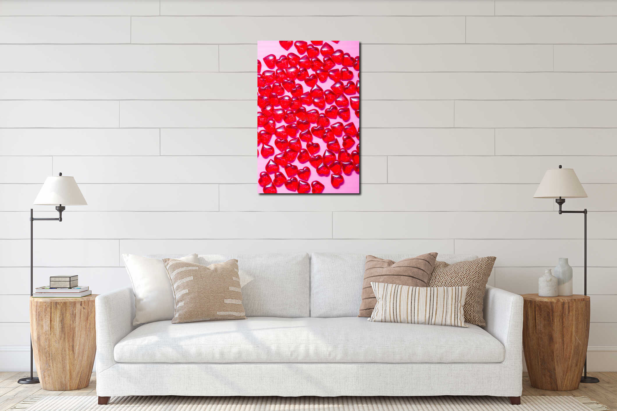 many small red glass hearts interior mockup