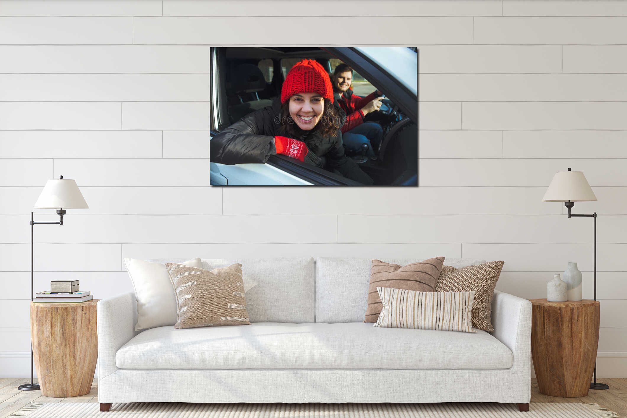 couple in rent car smiling woman in red winter hat interior mockup