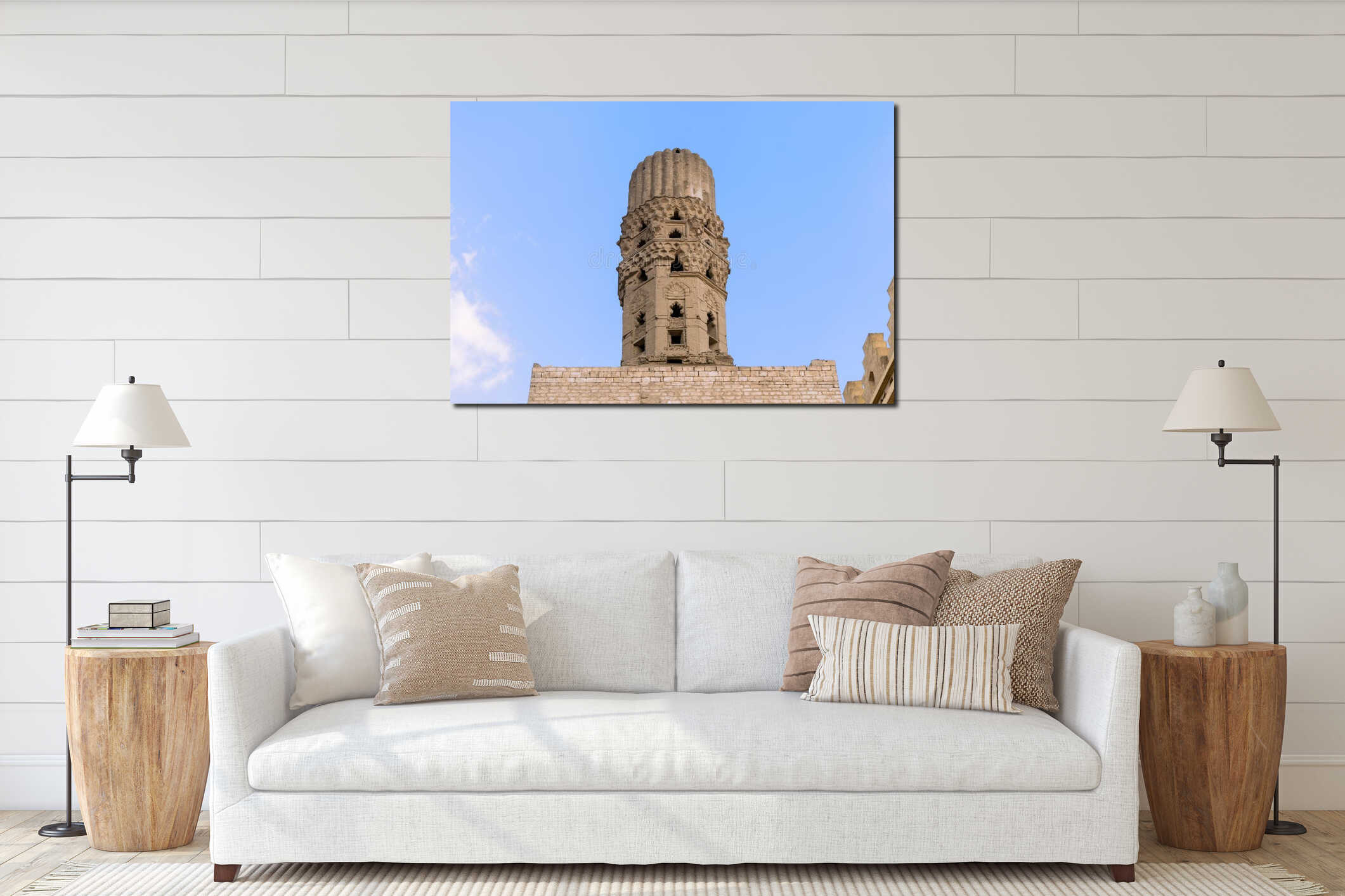 Minaret of public historic Al Hakim Mosque - The Enlightened Mosque, Moez Street, Cairo, Egypt interior mockup