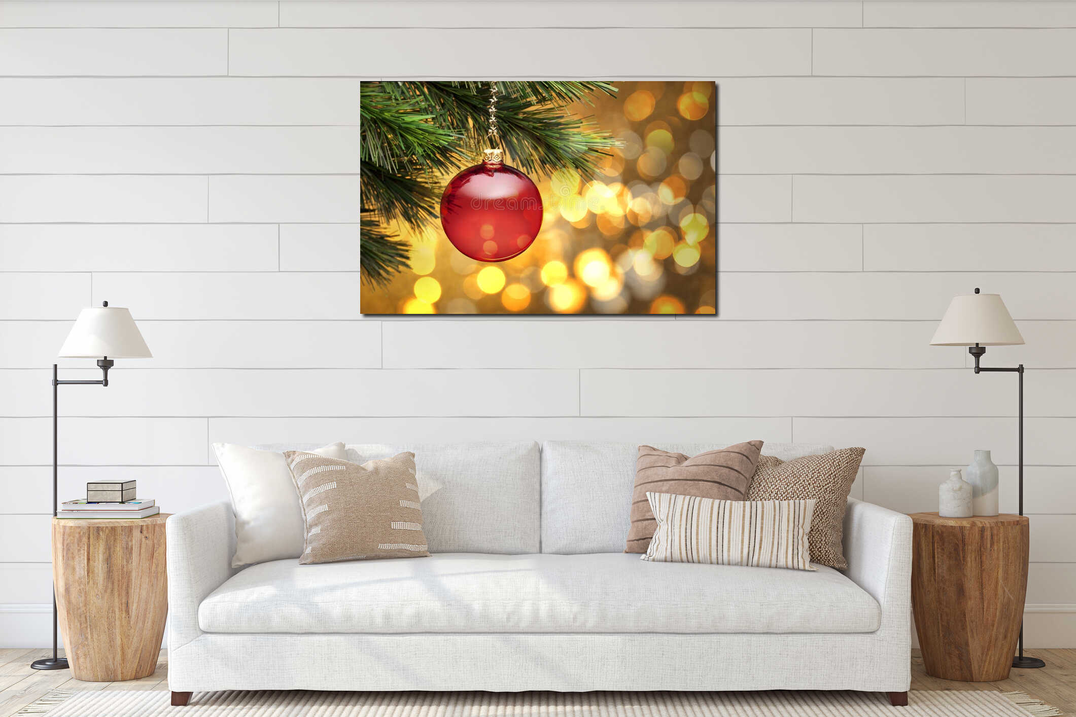 Golden Christmas Tree Scene Lights Background interior mockup