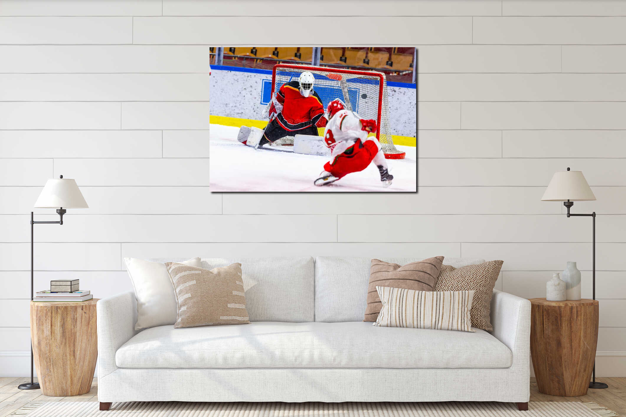 Ice hockey player tries to score with a slap shot interior mockup