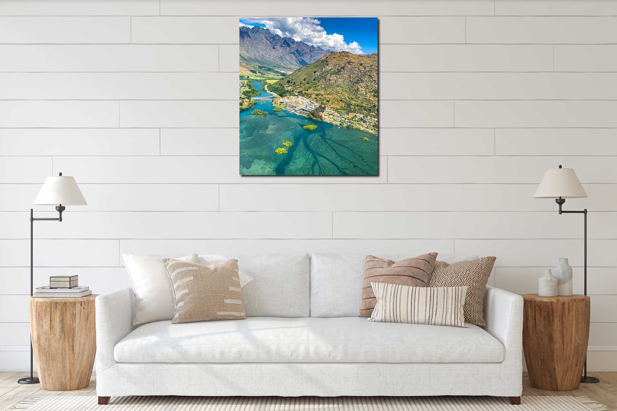 Aerial view of Frankton Arm valley New Zealand with majestic mountain peaks and turquoise water of Frankton Arm. interior mockup