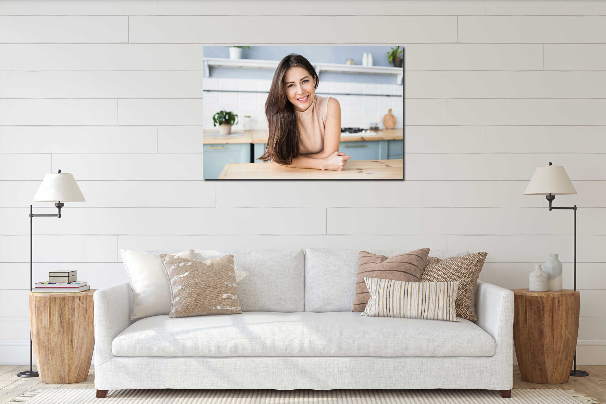 Beautiful young woman relaxing at the kitchen. Happy smiling girl home portrait. interior mockup
