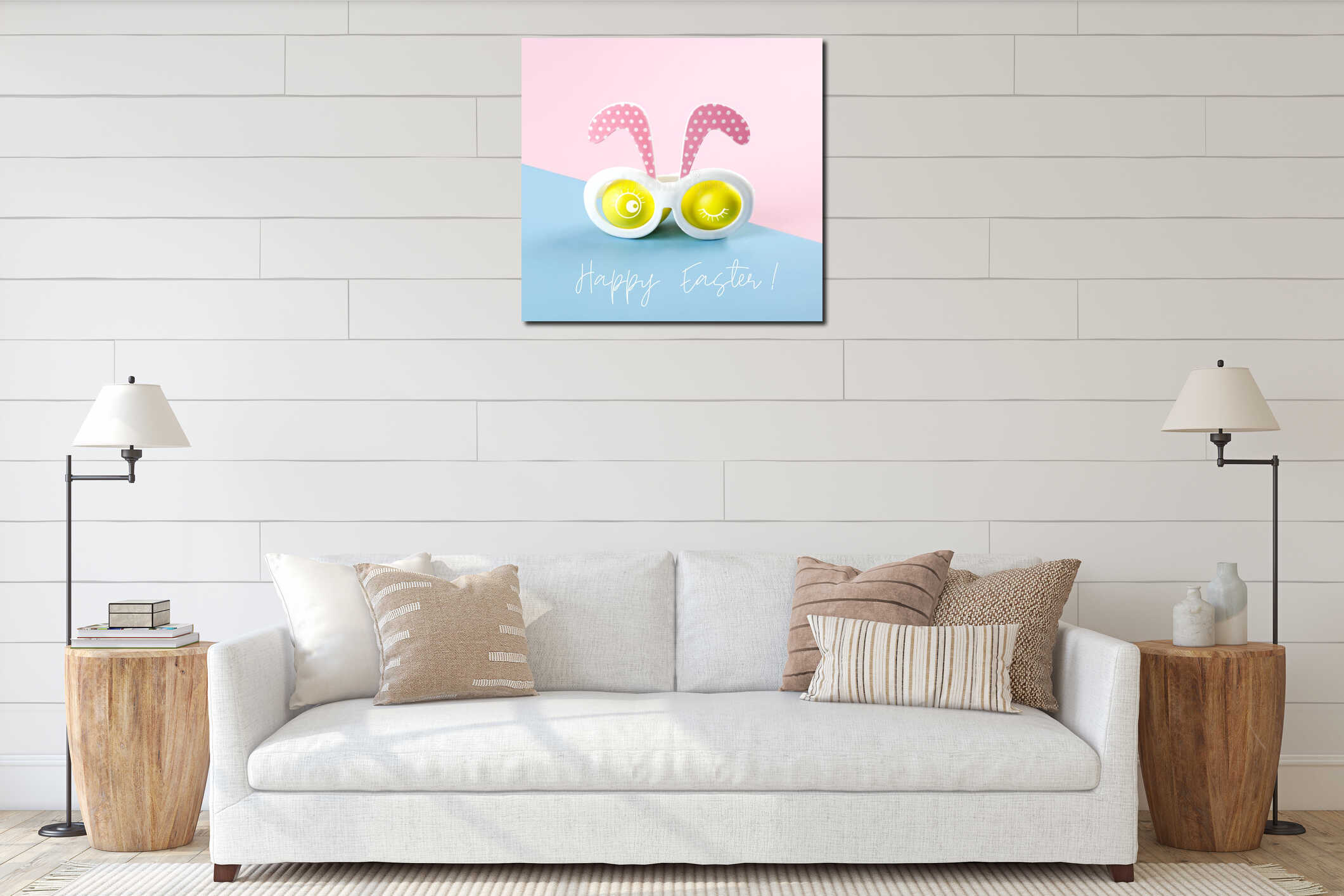 Easter banner with Easter bunny. Easter bunny glasses interior mockup
