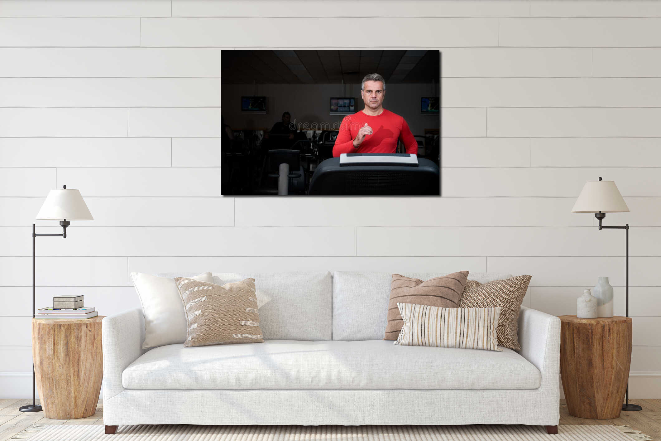 Mature man running at gym interior mockup