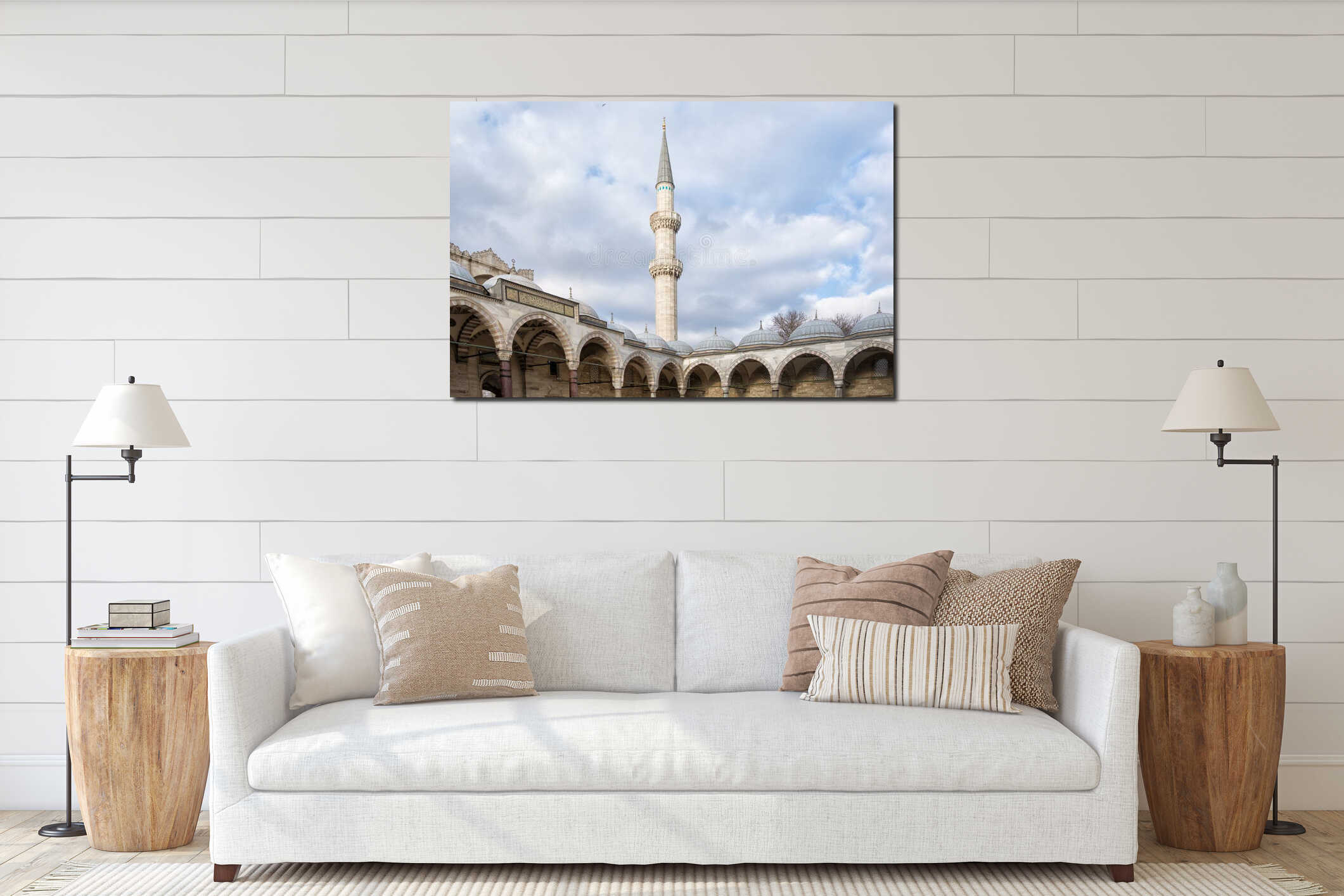 Minaret and domes in the courtyard of Suleymaniye Mosque, Istanbul, Turkey interior mockup