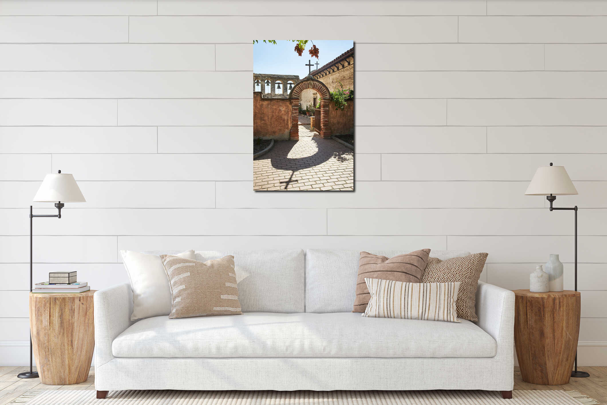 Vertical Shot of Sacred Garden, pound and bell wall in a Historic Spanish Mission in California During the Day interior mockup