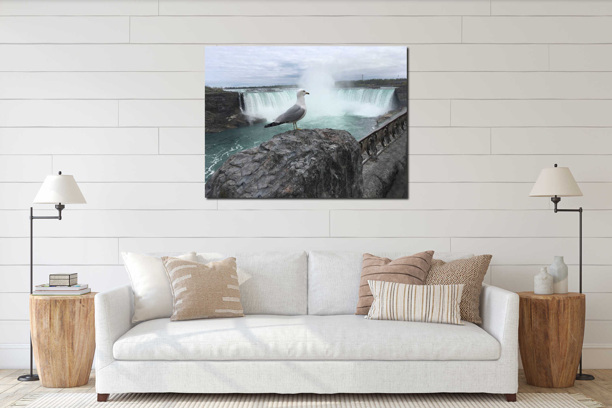 Pretty seagull posing proudly in front of Niagara Falls, Canada, Ontario interior mockup