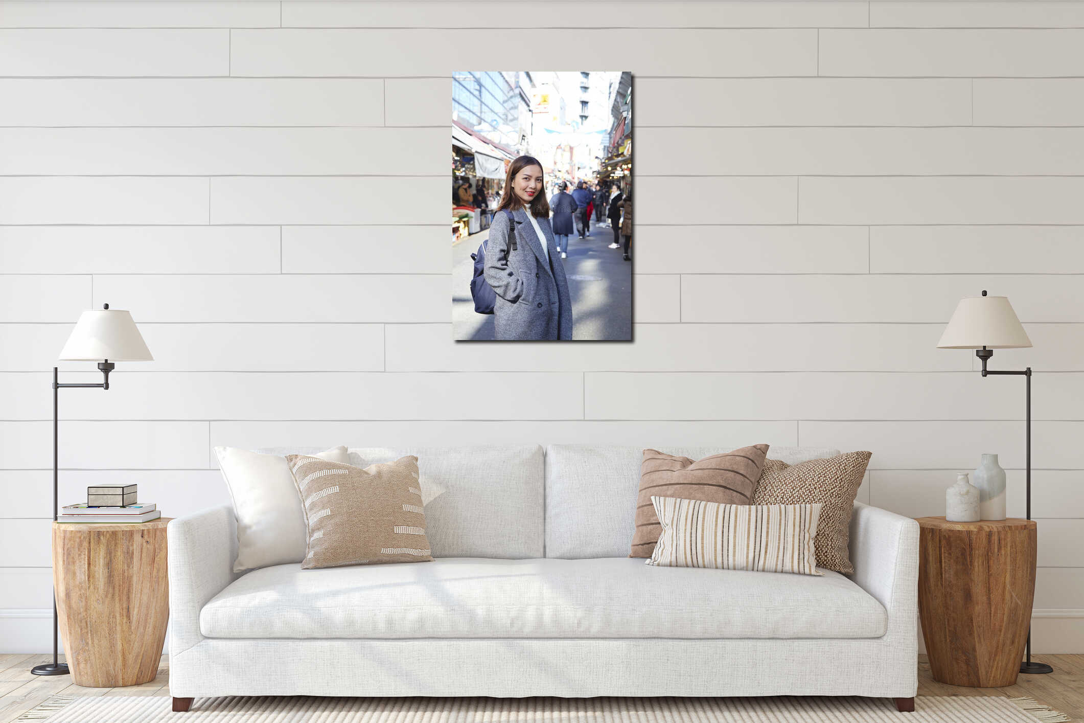 Portrait woman of a beautiful tourist interior mockup