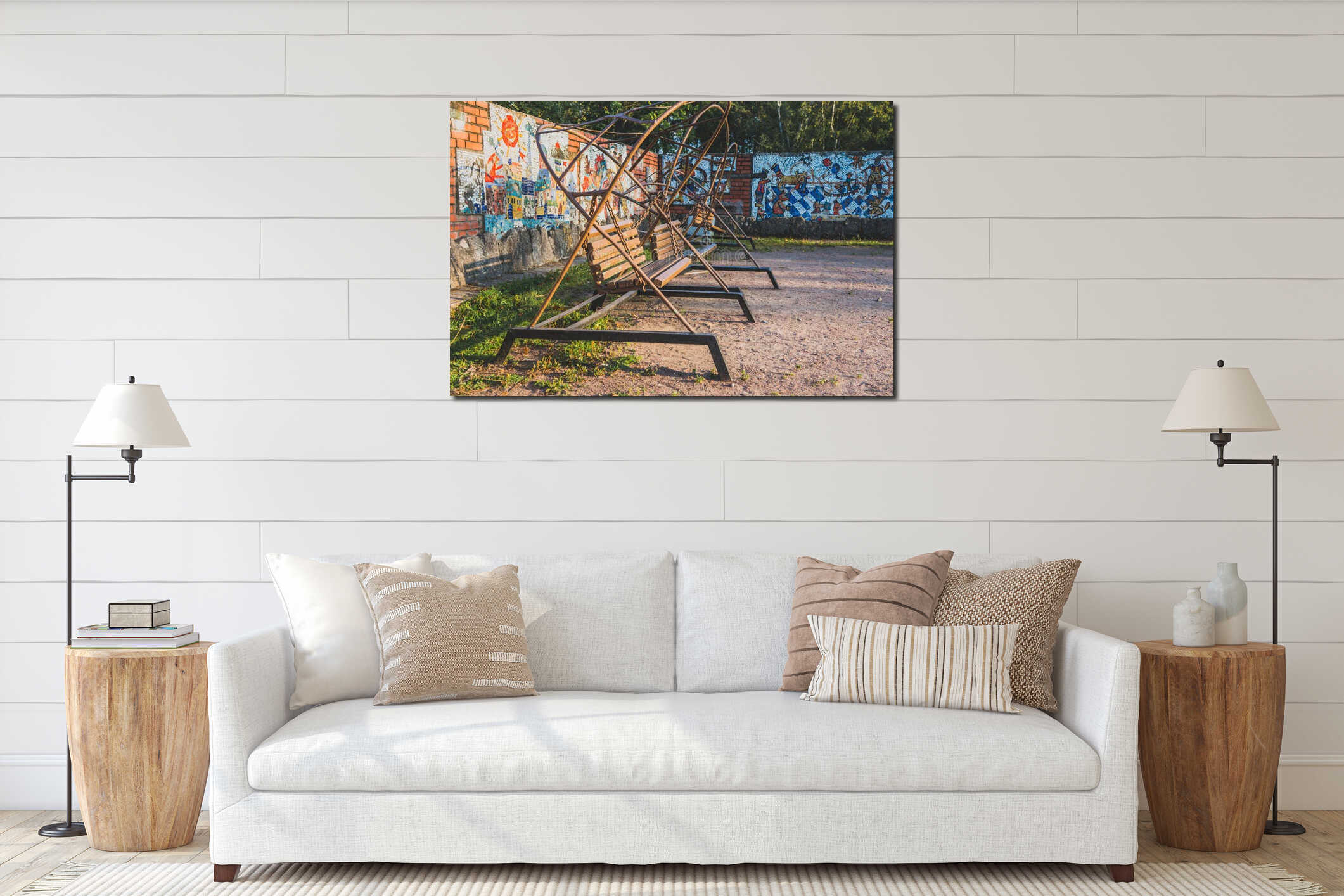 Old retro wooden bench swings in park near mosaic wall interior mockup