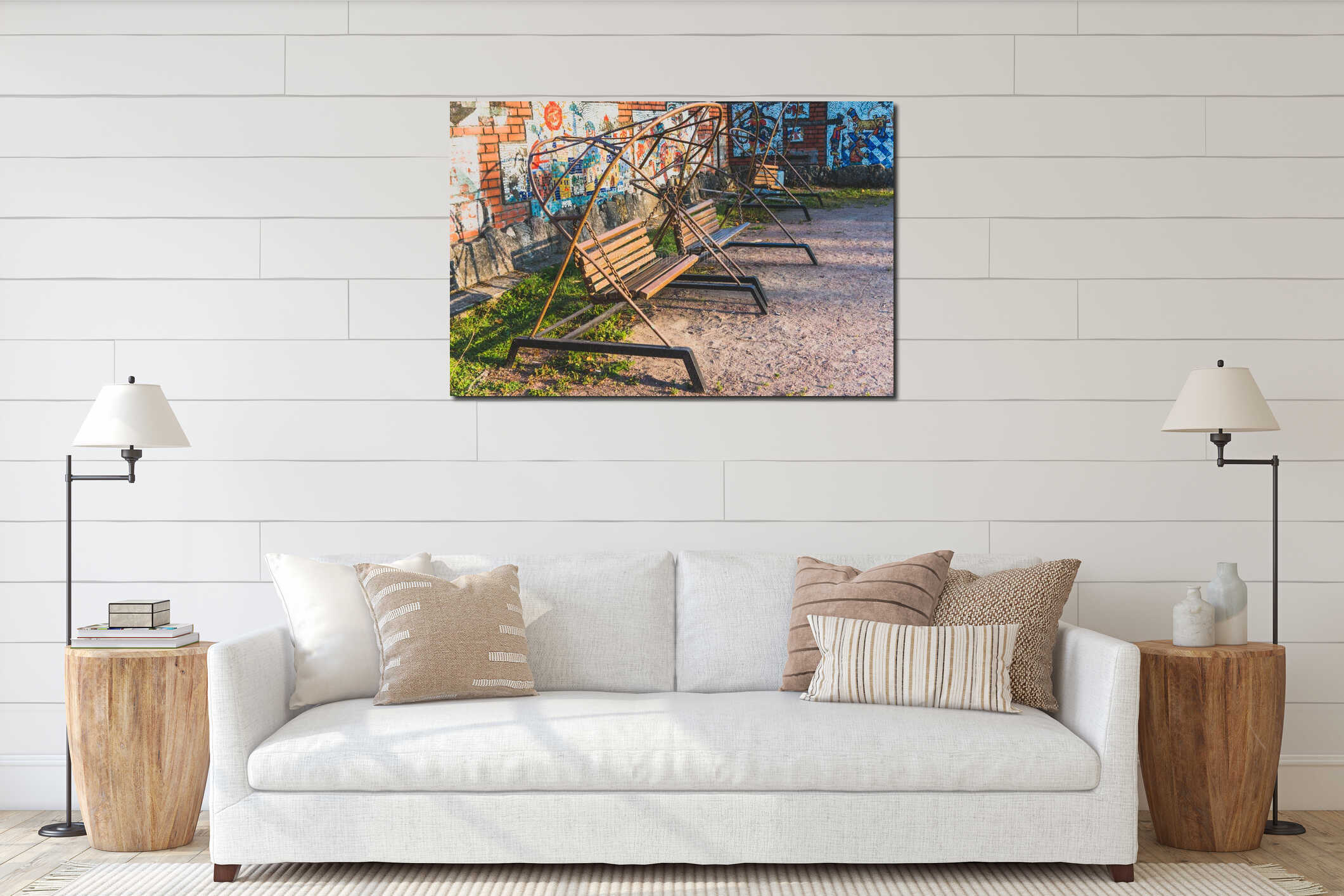 Old retro wooden bench swings in park near mosaic wall interior mockup