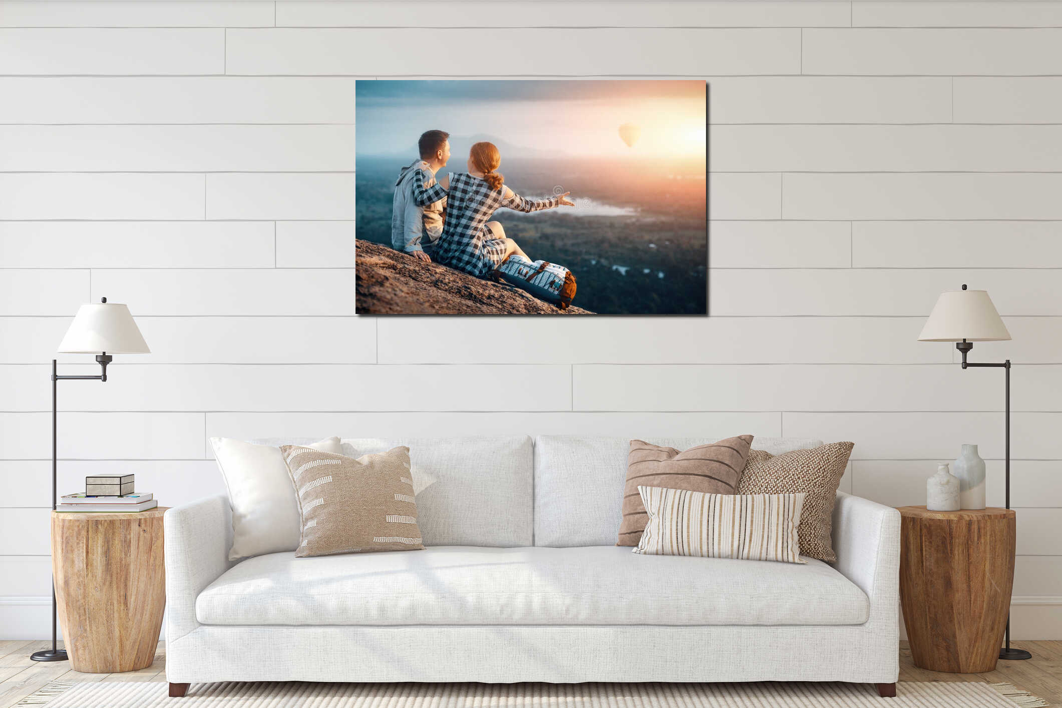 Happy couple enjoying the company of each other during a beautiful sunset interior mockup