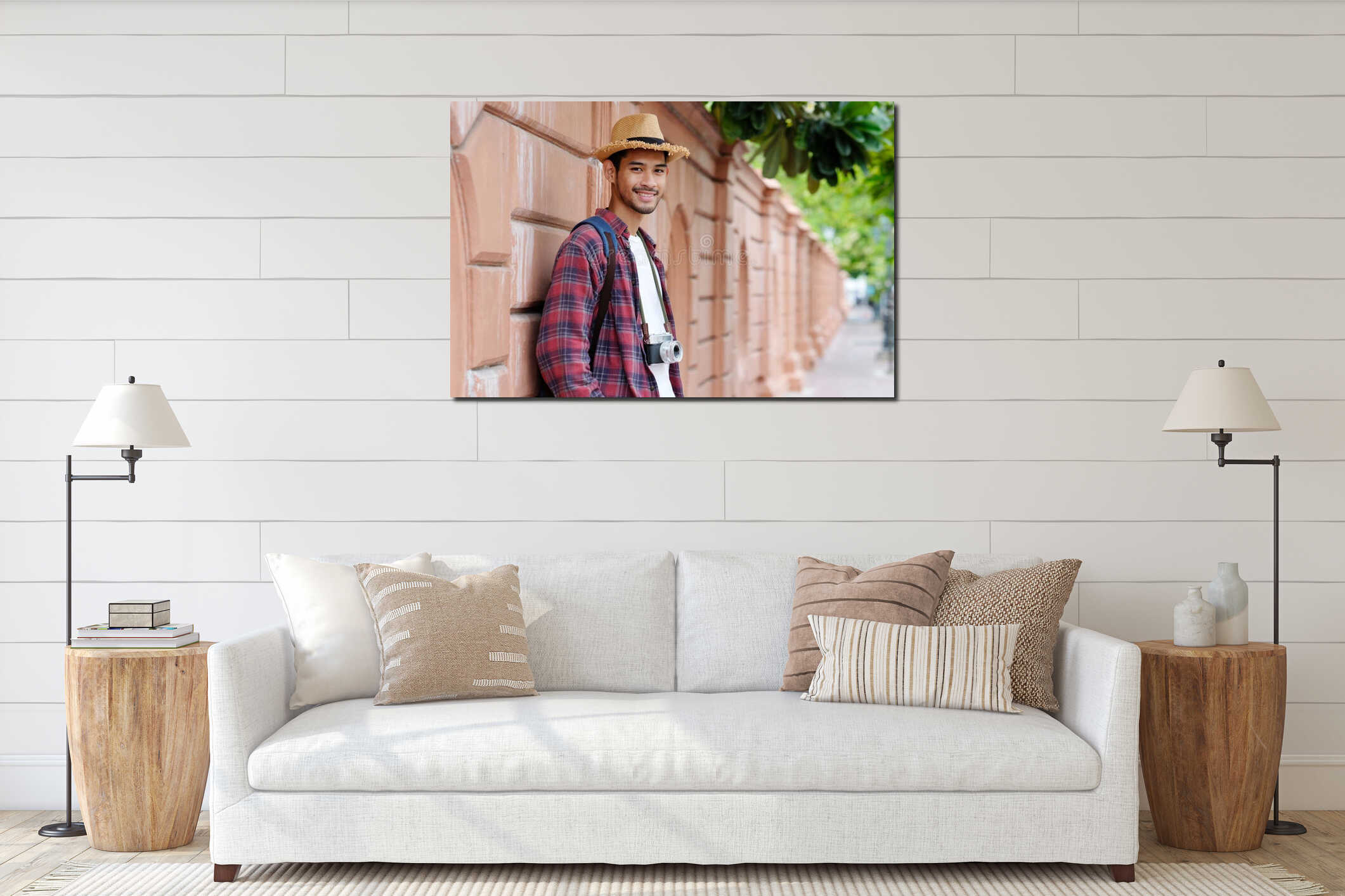Portrait of young happy asian man tourist holding camera, Asian traveler man smiling while holding vintage camera in city urban interior mockup
