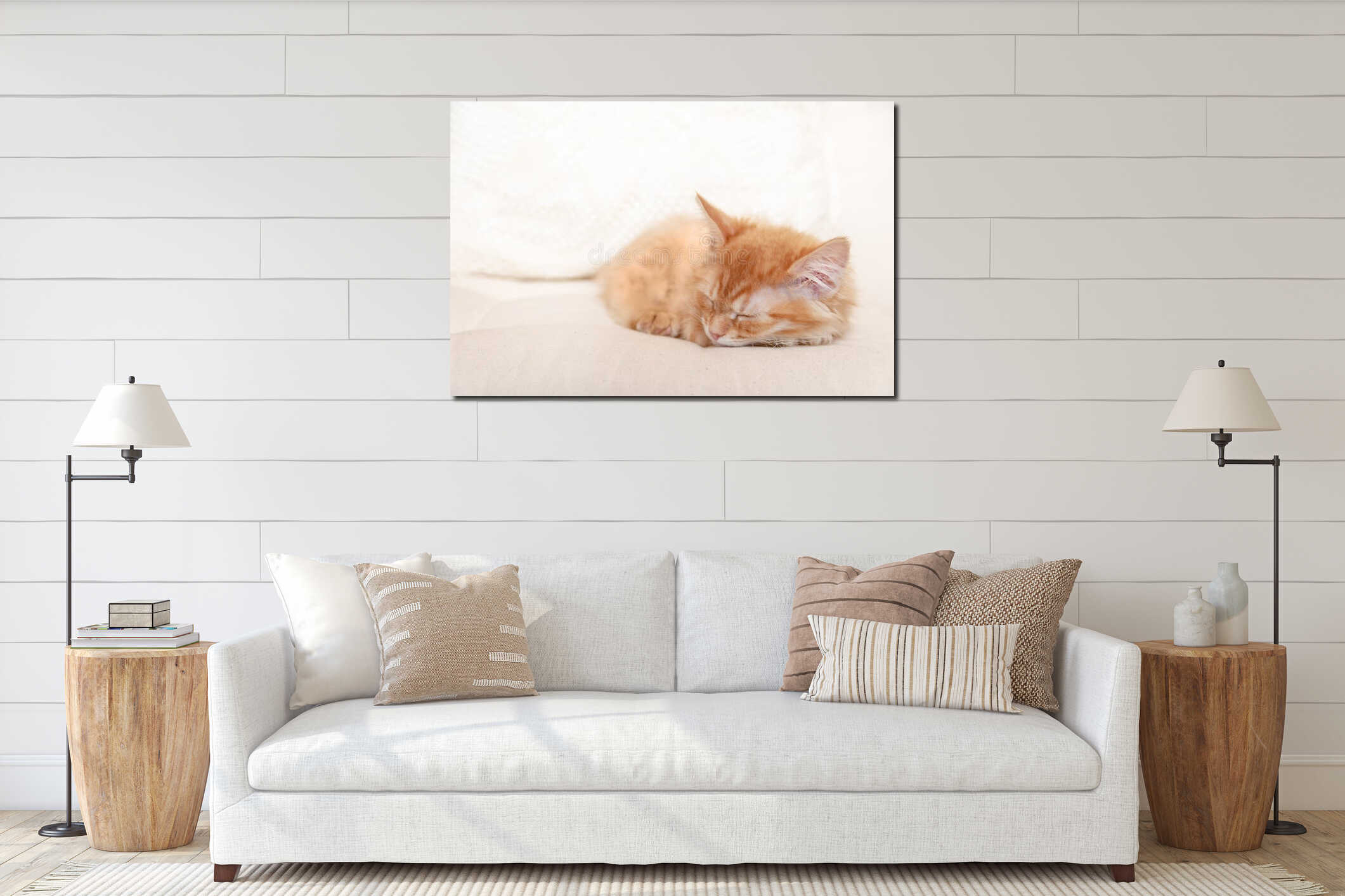 Beautiful red tabby kitty dream on soft pillow. Close up portrait redhead sleepy striped kitten. Cute sleeping young cat. interior mockup