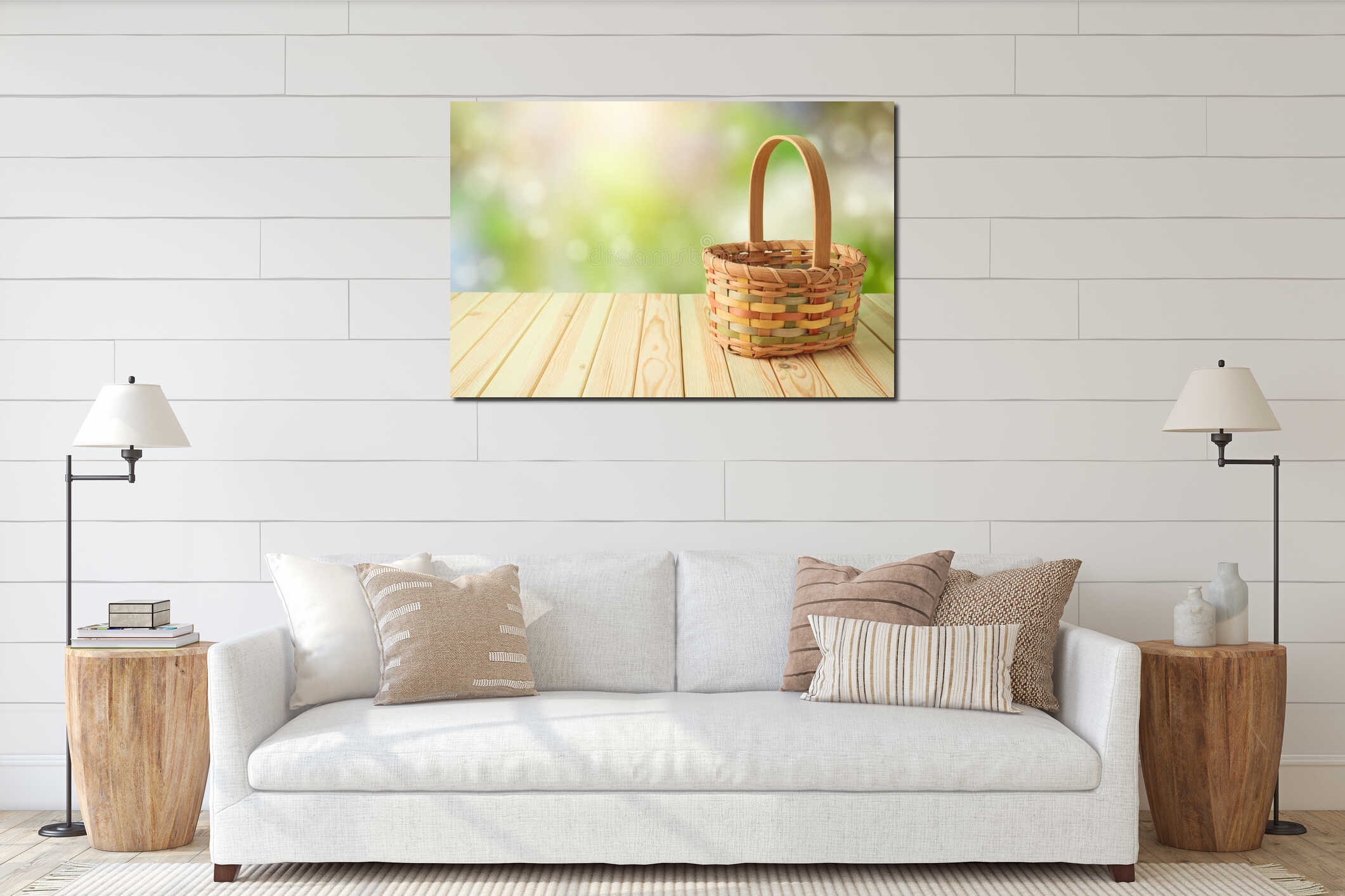 Empty basket on wooden table over green bokeh background. Spring and easter mock up for design interior mockup