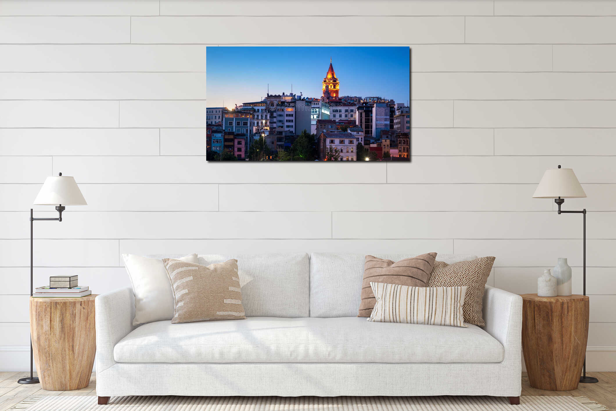 Galata Tower at night, Istanbul, Turkey. Medieval Galata Tower is a famous landmark of Istanbul city. Panorama of Beyoglu district interior mockup