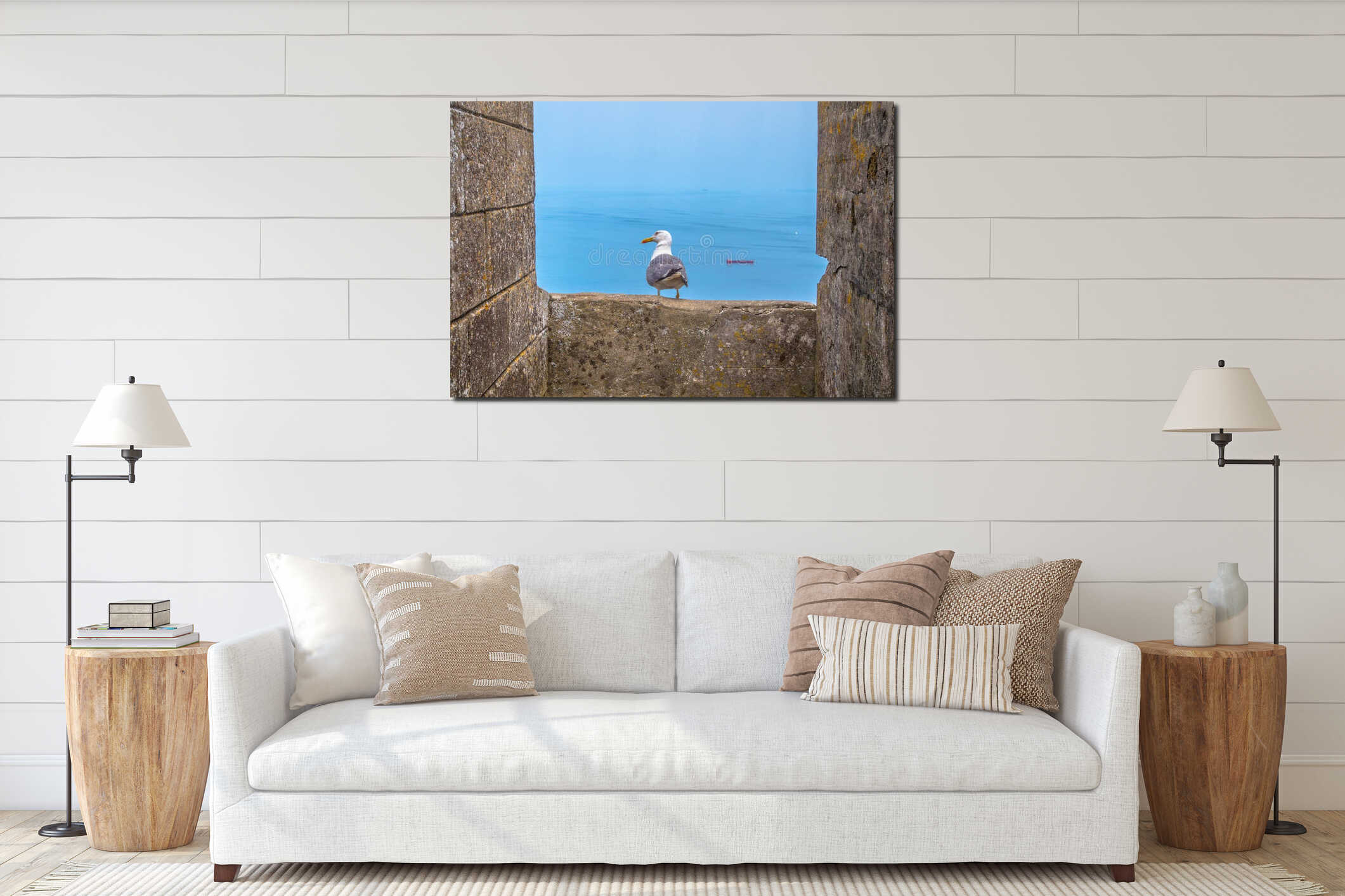 Seagull looking at the sea in Gibraltar interior mockup