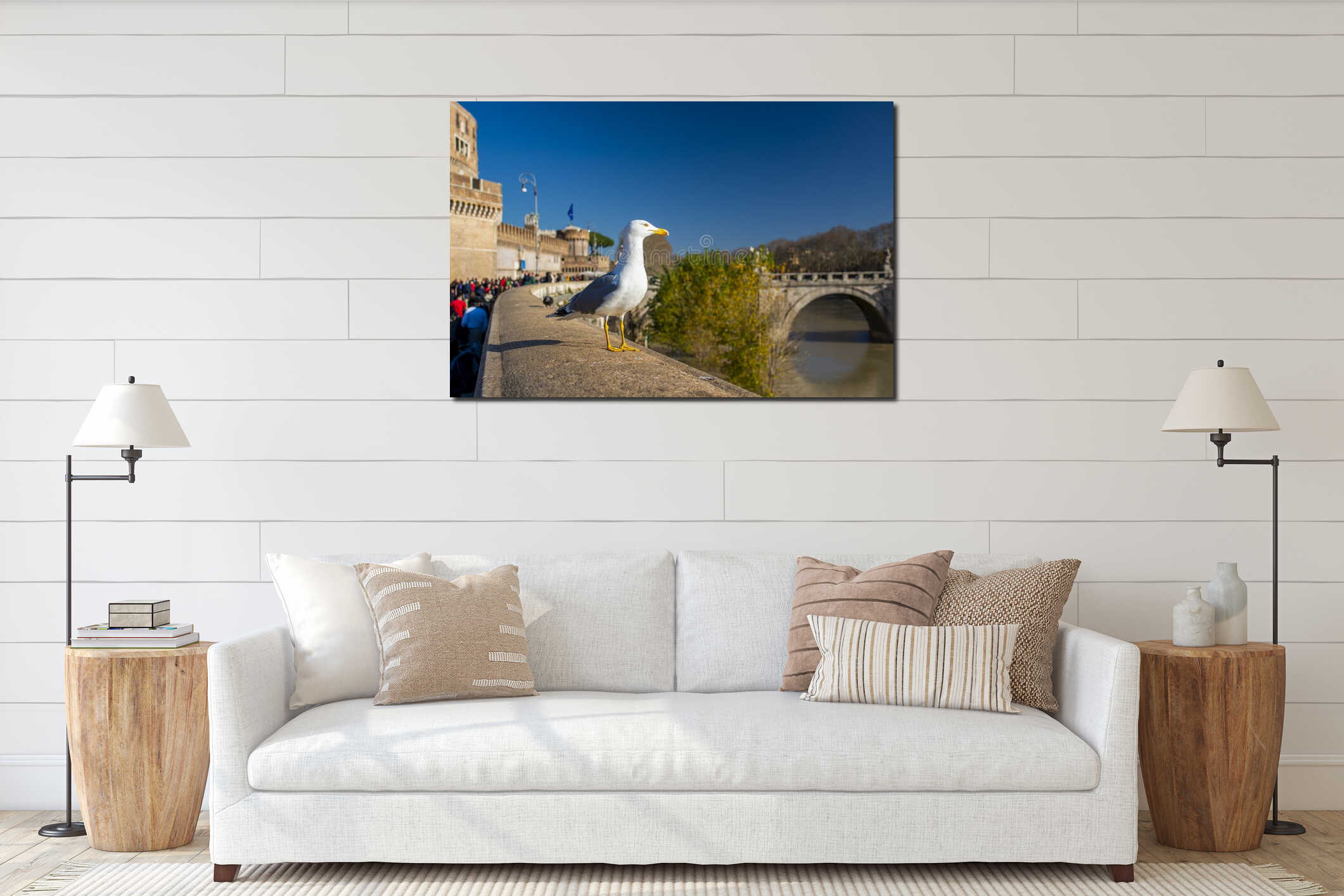 Seagull perched on a parapet in Rome interior mockup