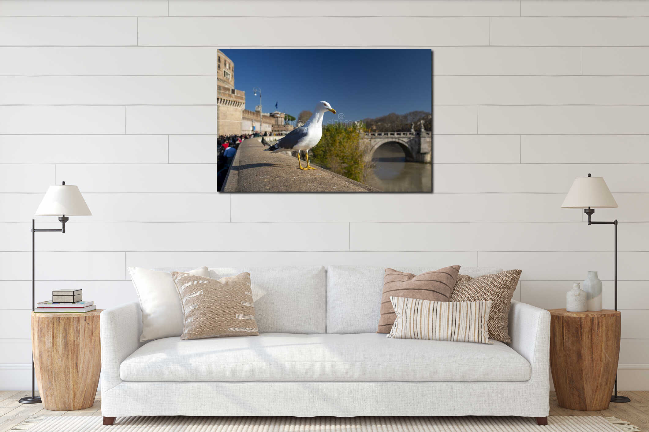 Seagull perched on a parapet in Rome interior mockup