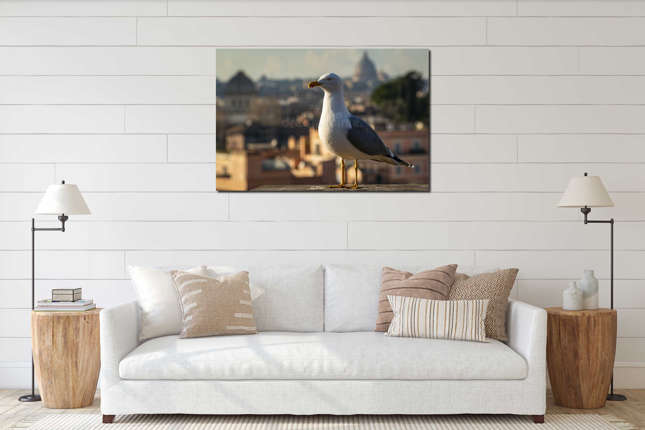 Seagull perched on a parapet in Rome interior mockup