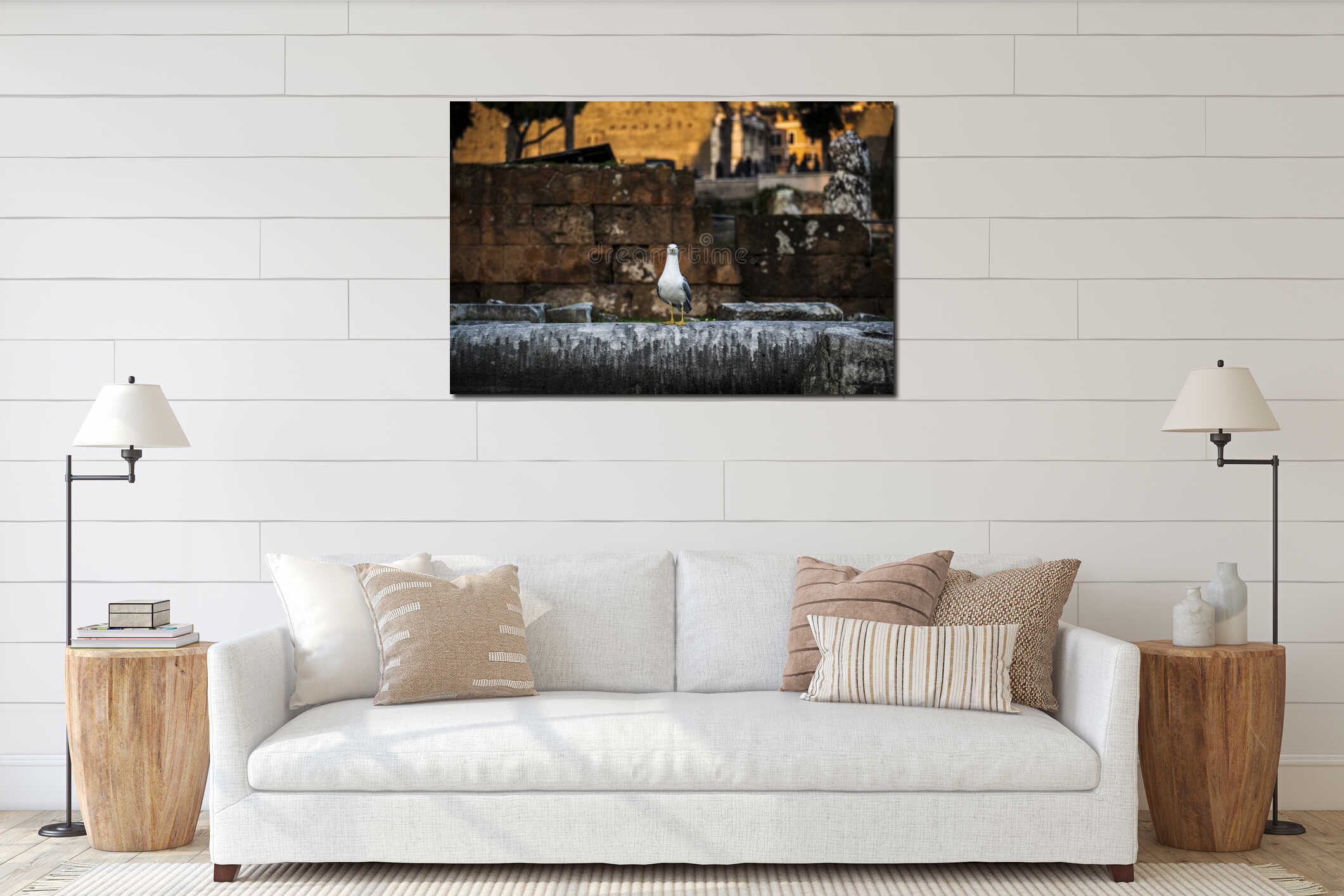 Seagull perched on ruins in Rome interior mockup