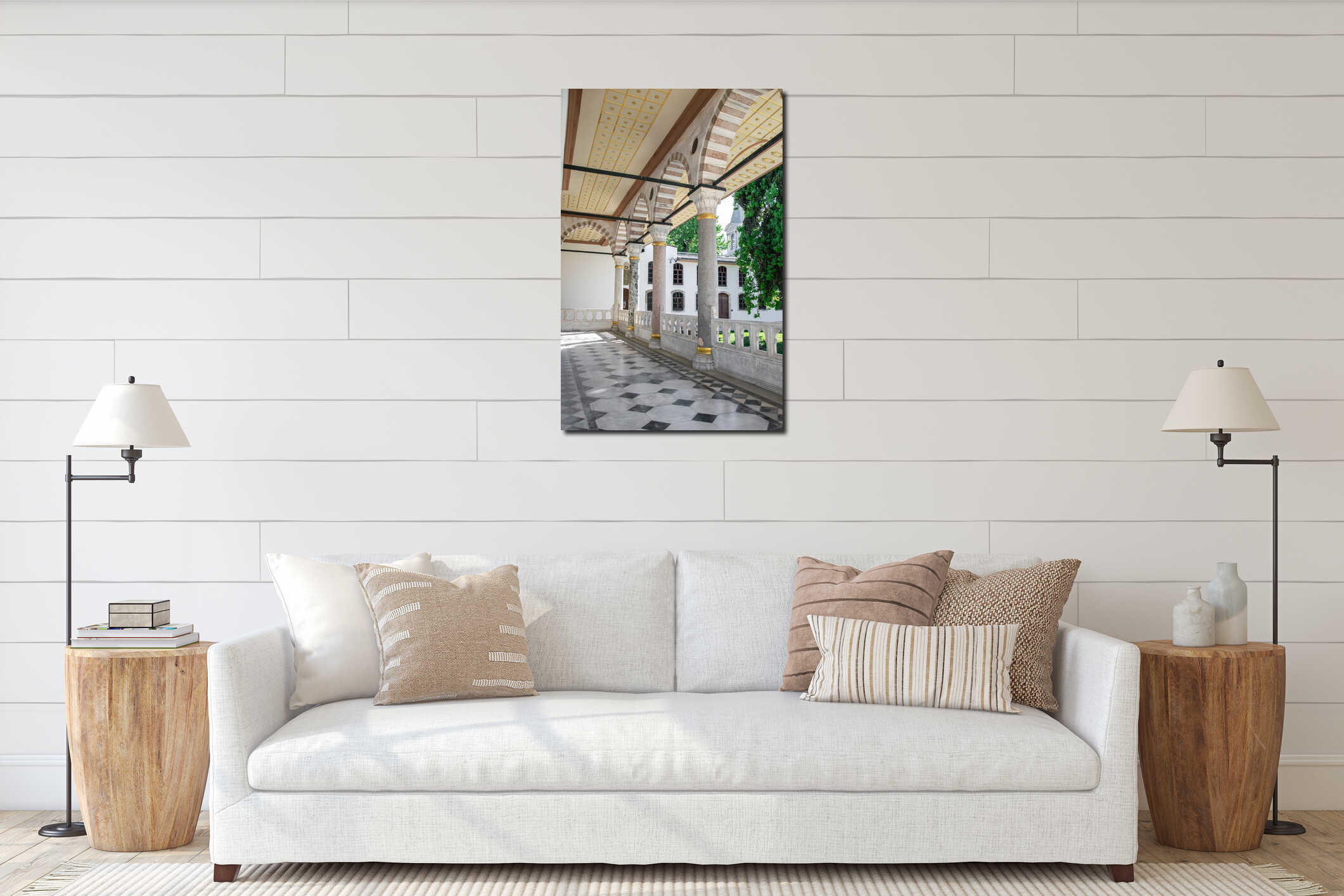 Topkapi Palace, one of the inner passages with columns, arches and marble floor on a sunny day. Ottoman architecture, Istanbul, interior mockup