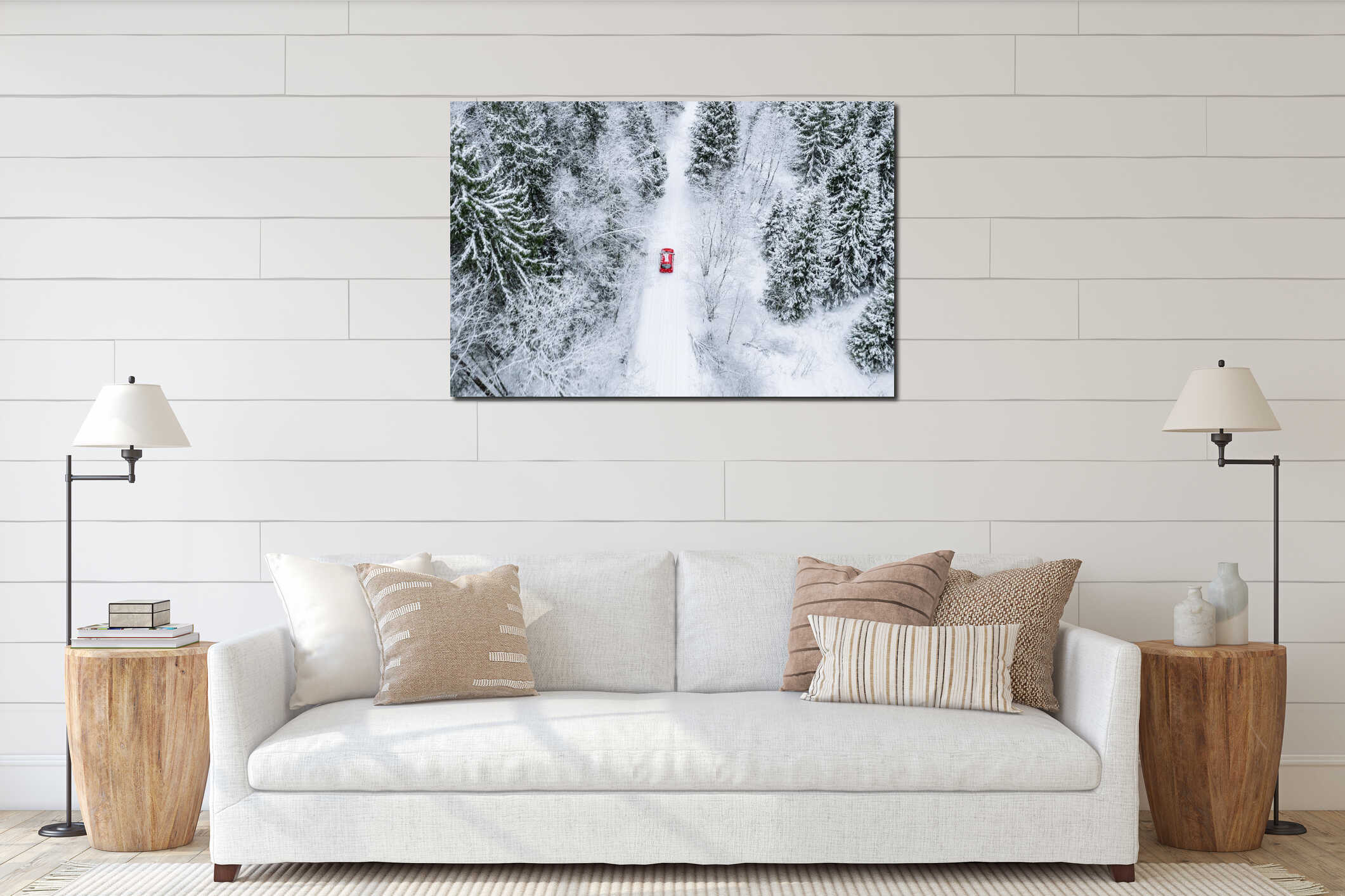 Aerial top view of snow covered forest with winter road and red car interior mockup