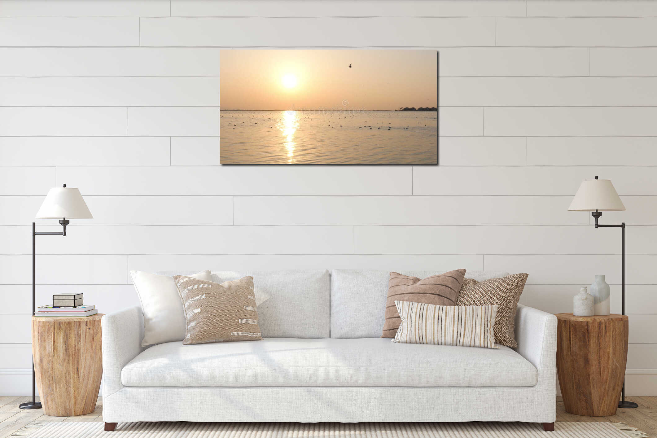 Tranquil scene with seagull flying at sunset interior mockup