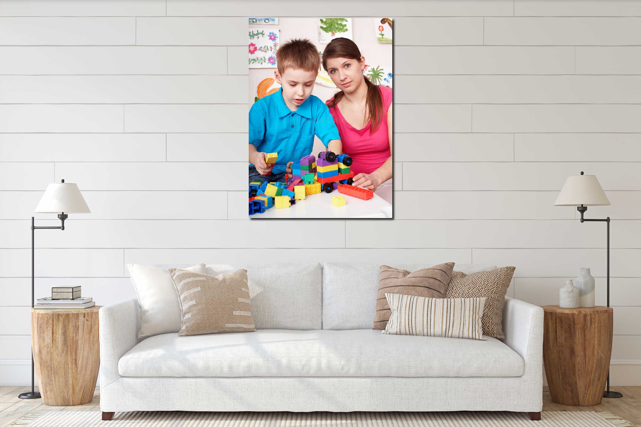 Child play construction set in games room. interior mockup