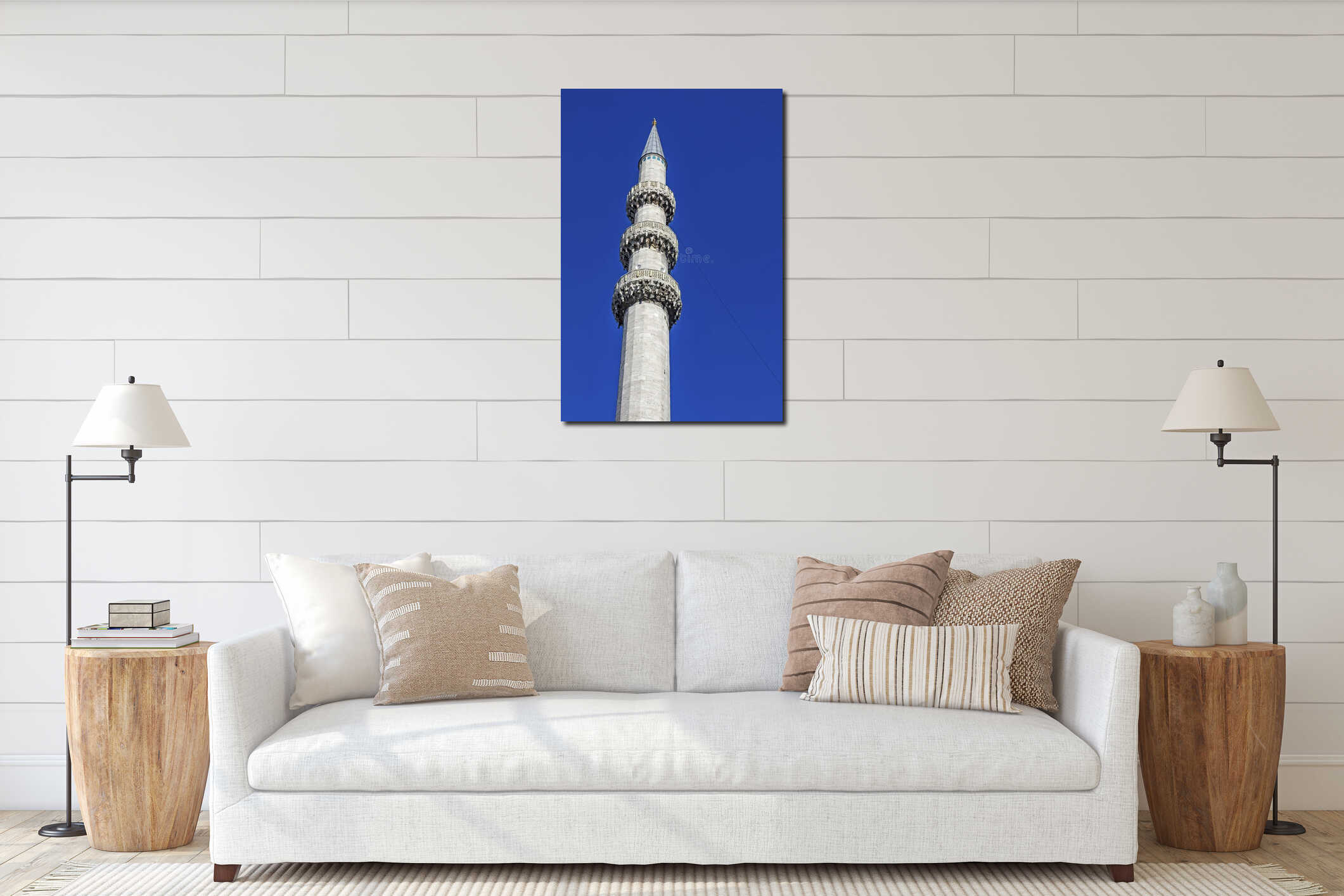Minaret of the ottoman yeni mosque in eminonu district at sunny and blue sky. interior mockup
