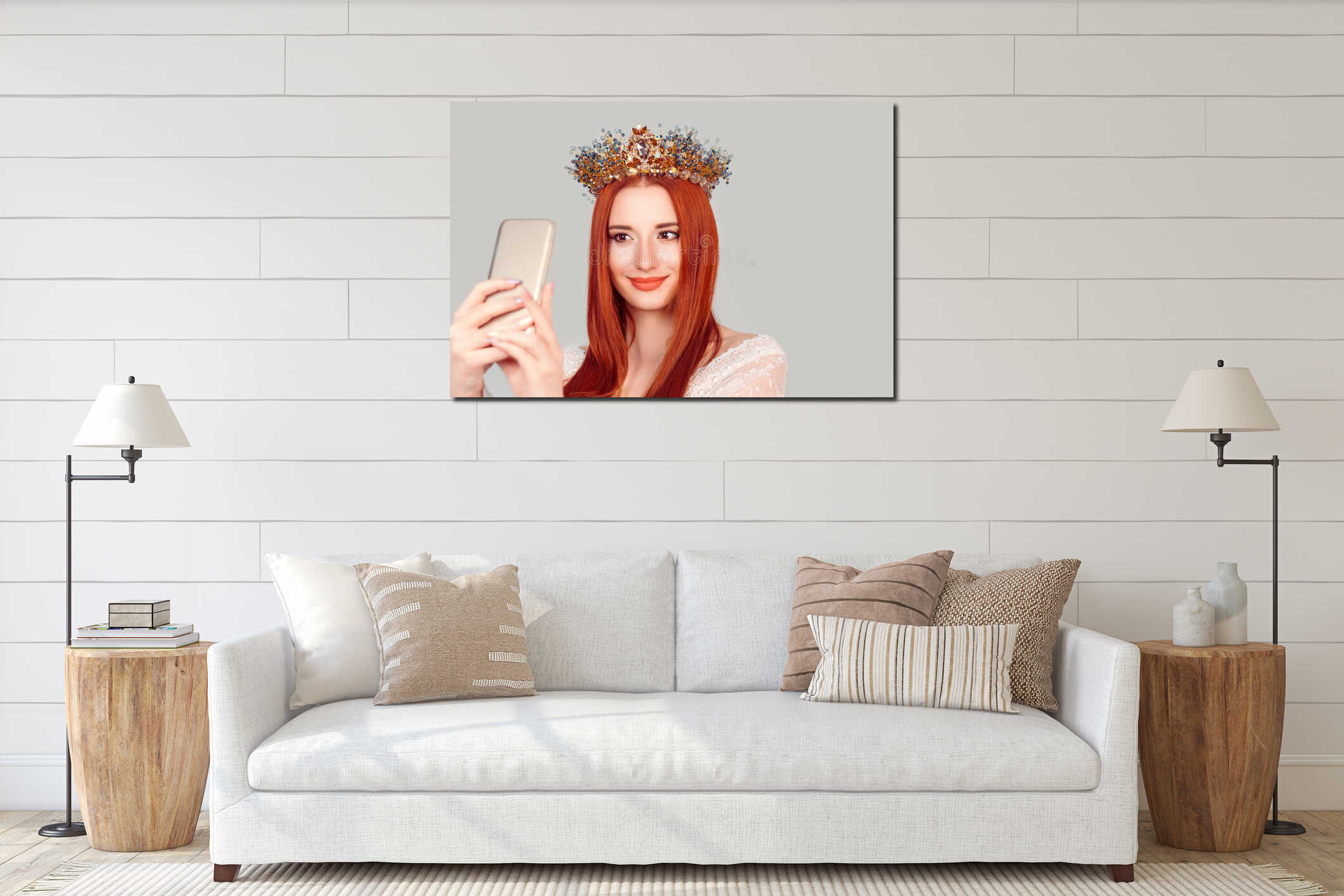 Self portrait. Young beauty making selfie using a smartphone interior mockup