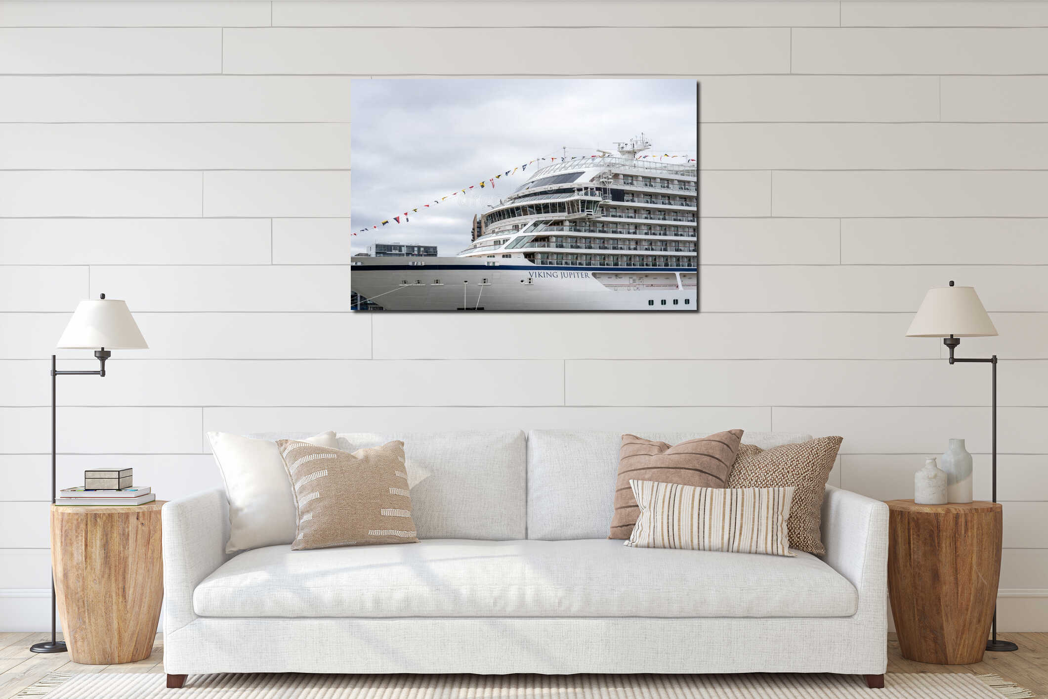 London, UK, July 14, 2019. The Viking Jupiter cruise liner, belonging to the Viking Cruise Line, docked at Greenwich interior mockup