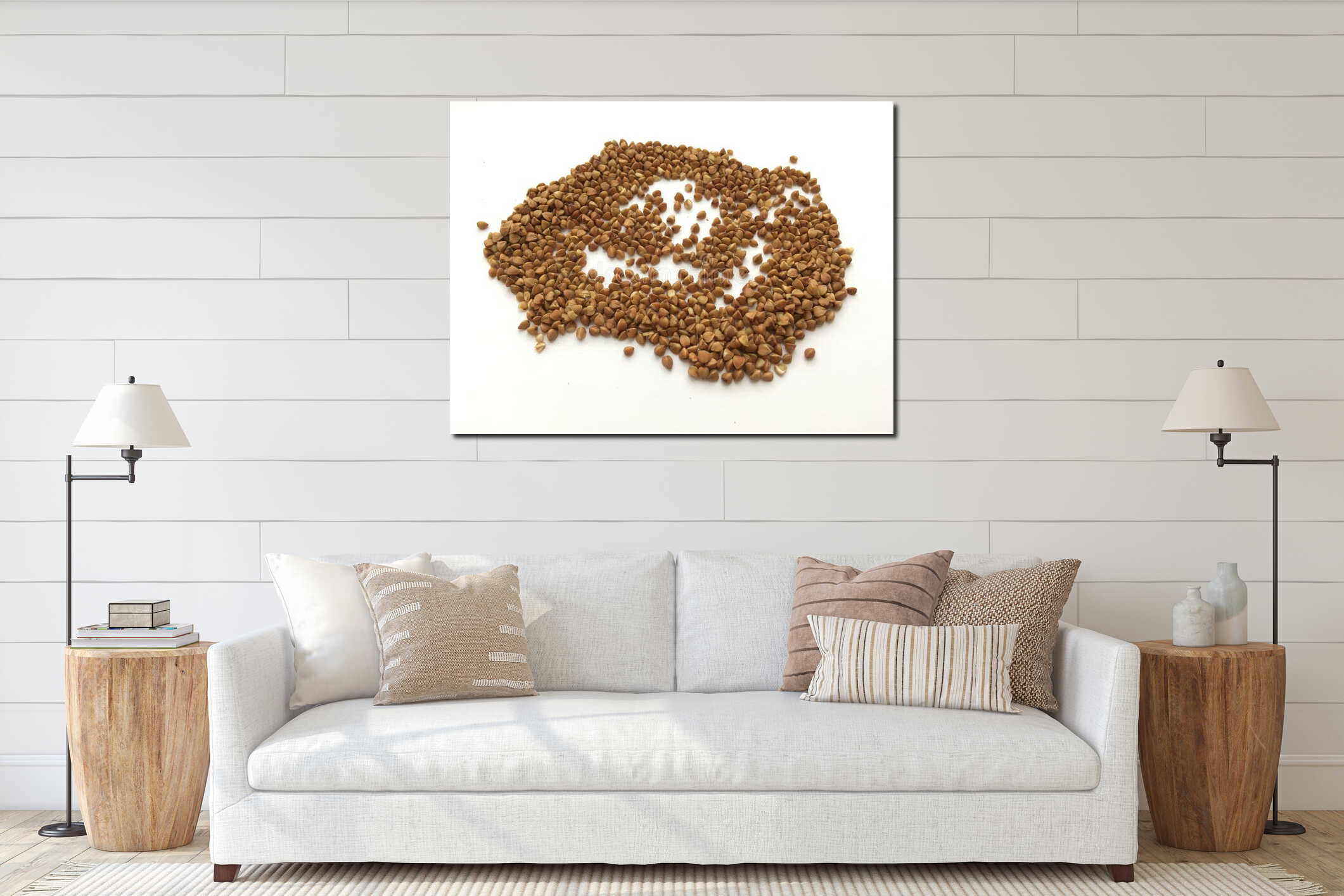 Buckwheat groats scattered on a white background. Abstraction. interior mockup