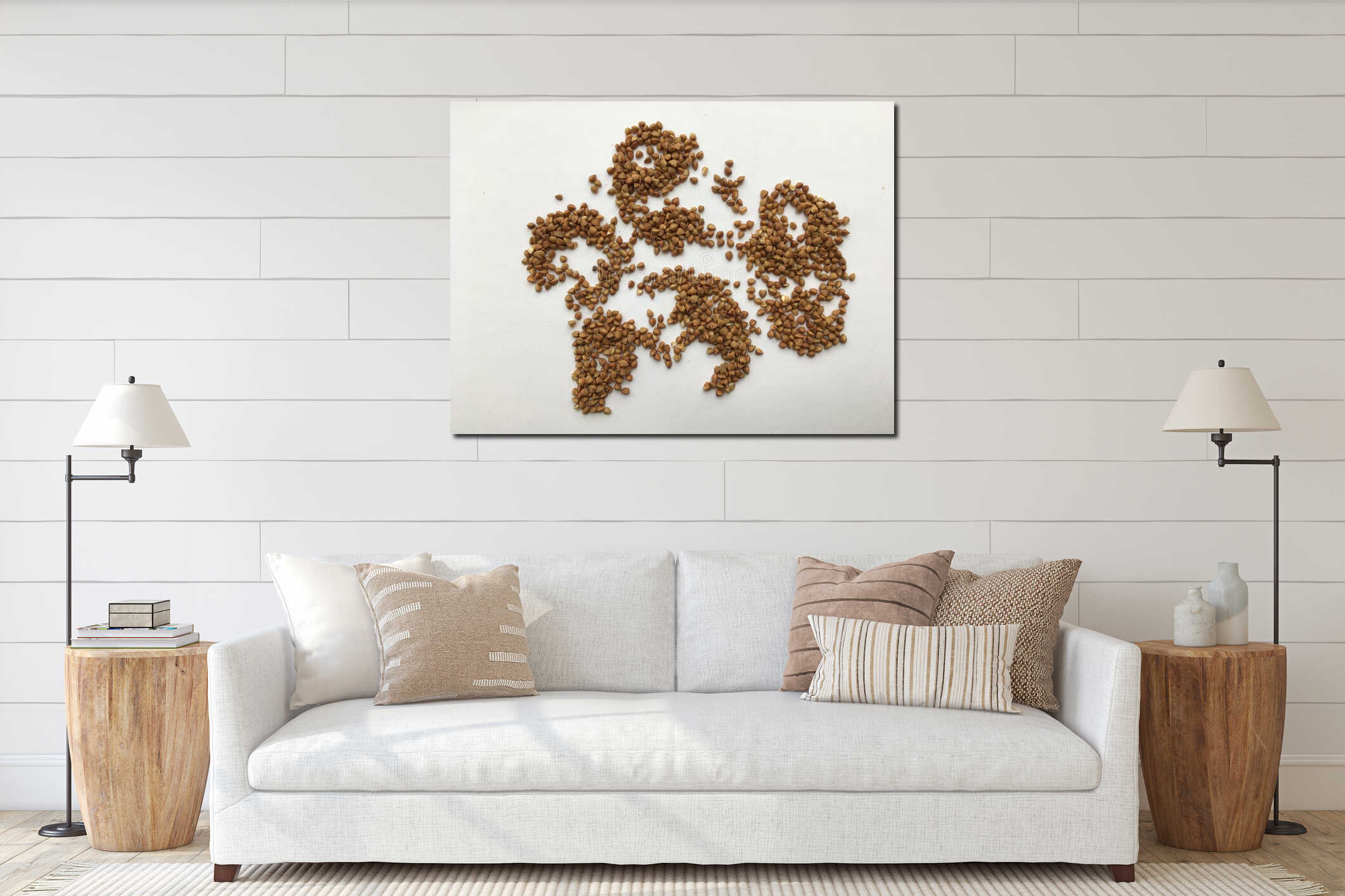 Abstract art. Buckwheat groats lying on a white background. interior mockup
