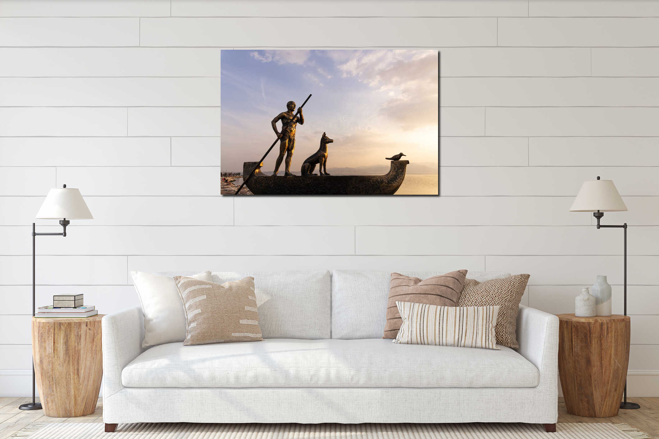 Statue of a man riding a boat with a dog and seagull at Bostanli Izmir interior mockup