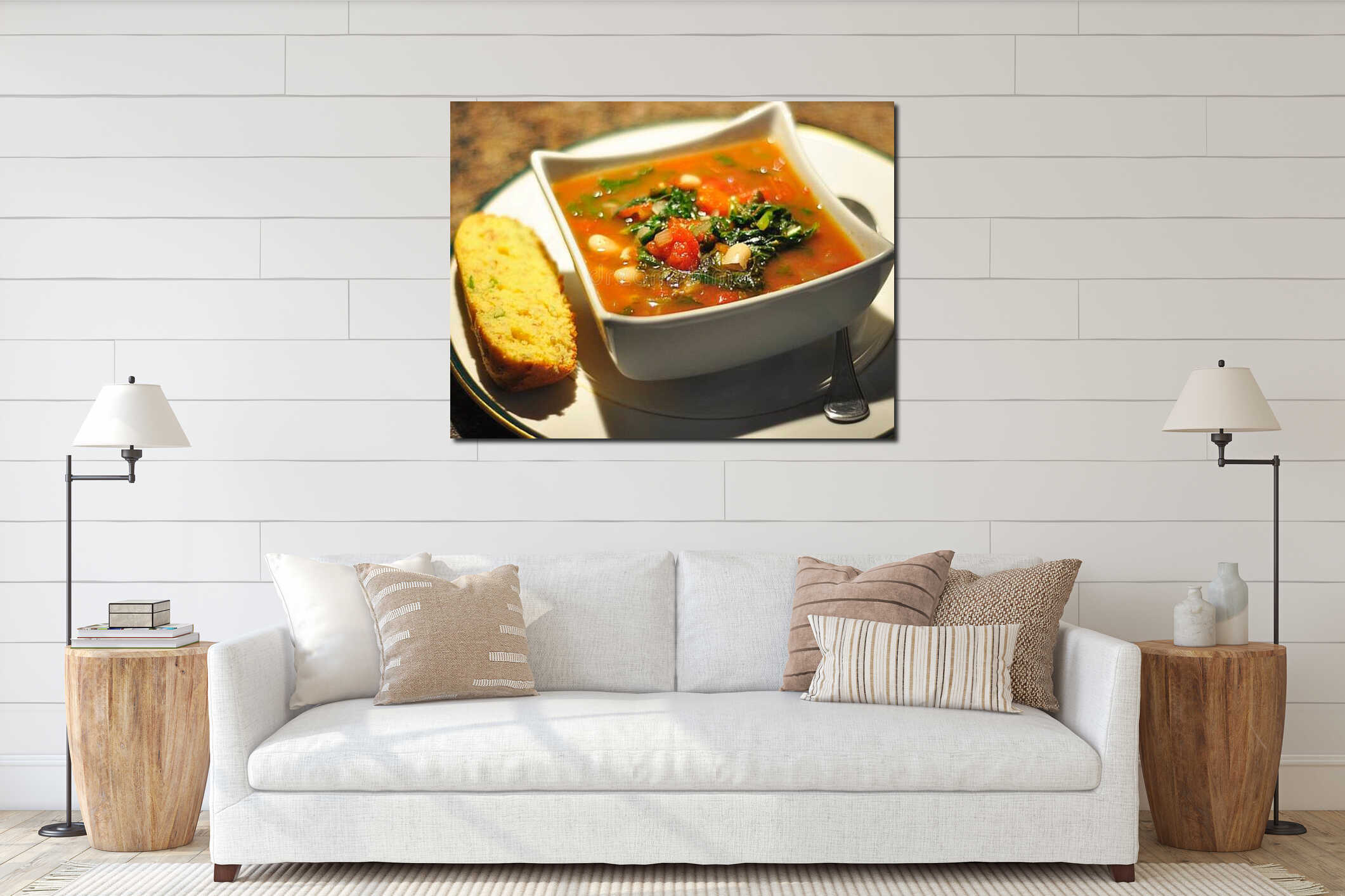 High angle closeup shot of a delicious soup and a piece of bread interior mockup