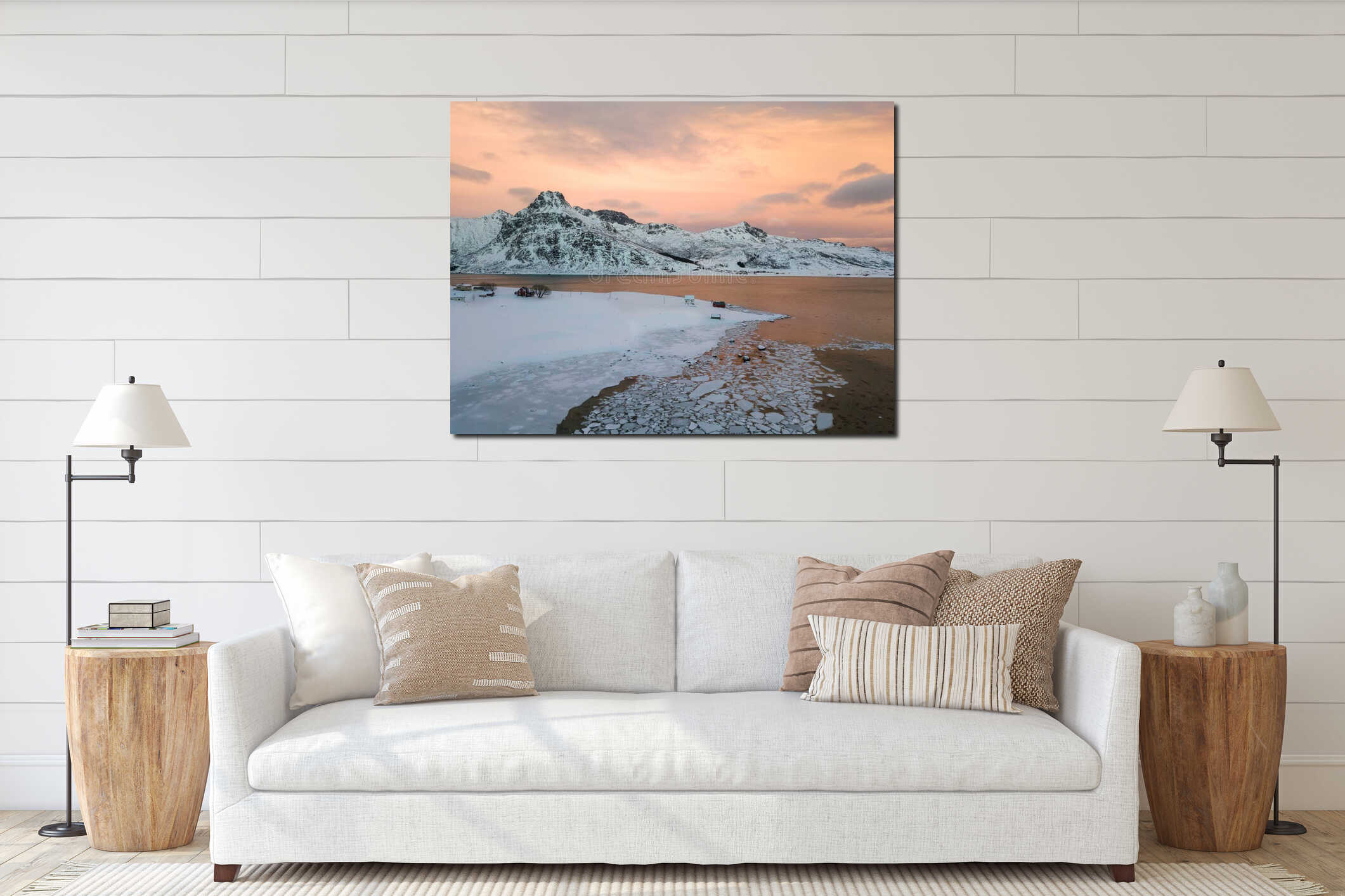 Aerial drone panoramic view. Beautiful sunset over the mountains and sea of the Lofoten Islands. Reine, Norway. Winter landscape w interior mockup